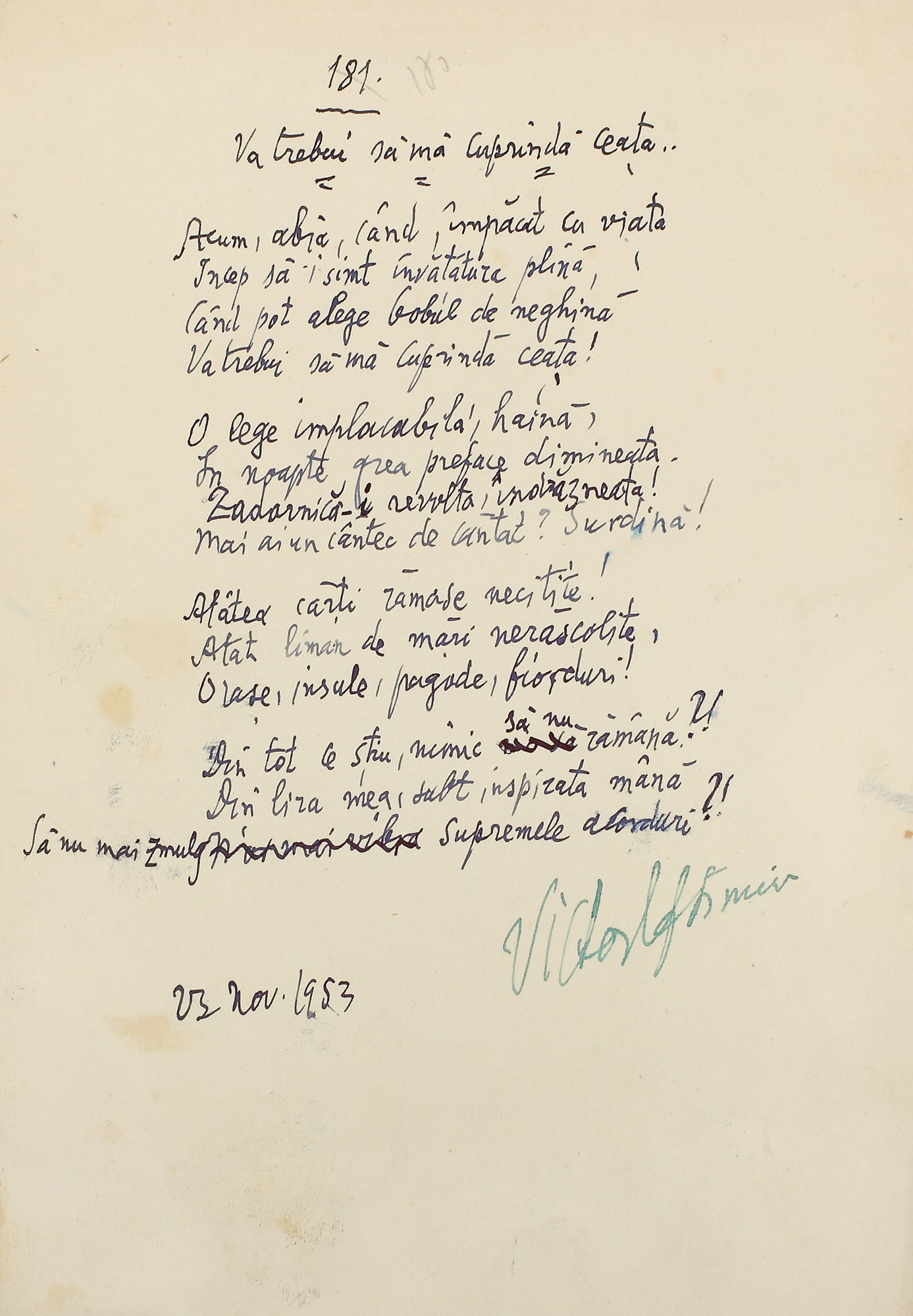 Manuscrisul poeziei "Va trebui să mă cuprindă ceața...", de Victor Eftimiu