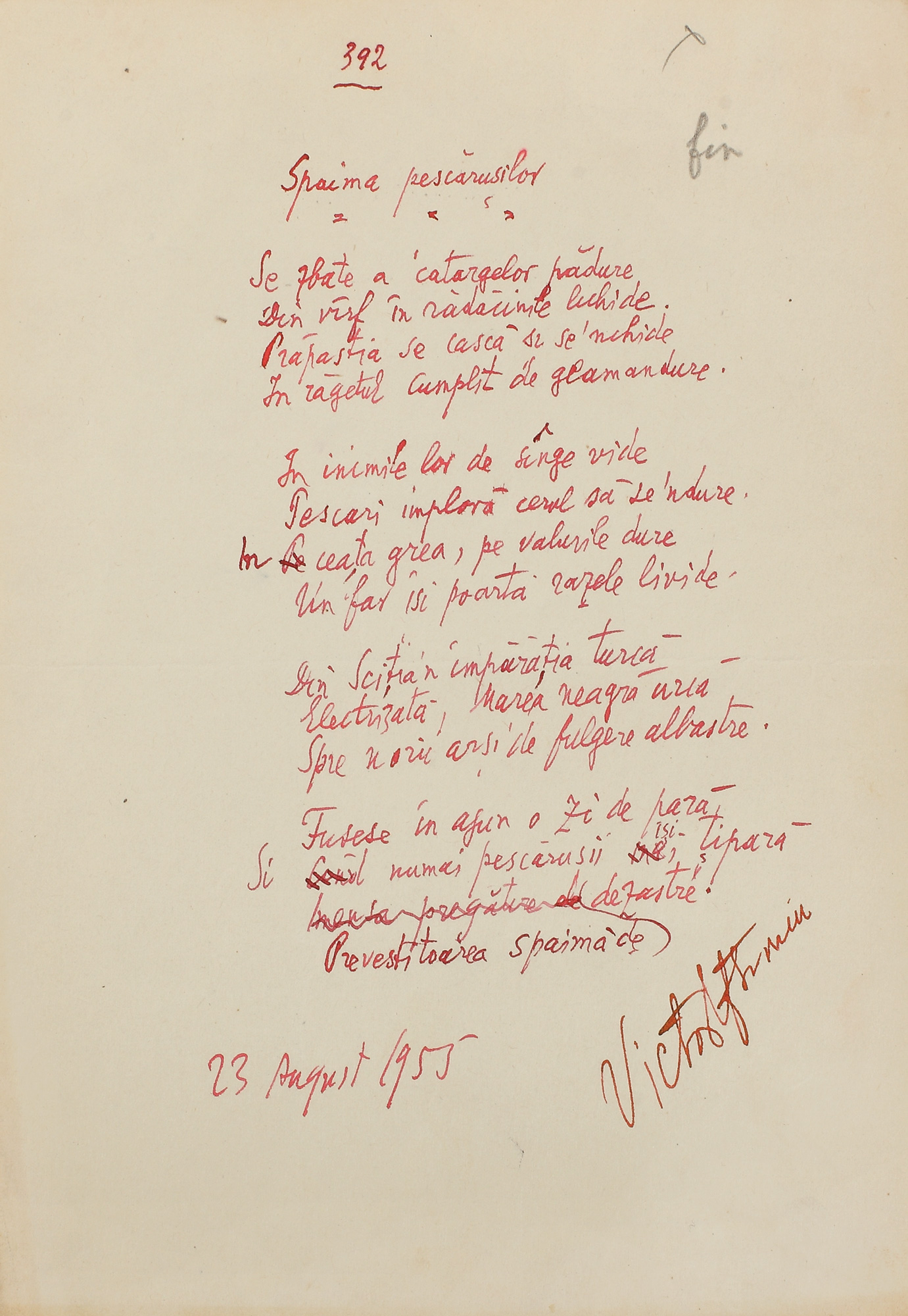 Manuscrisul poeziei "Spaima pescărușilor", de Victor Eftimiu