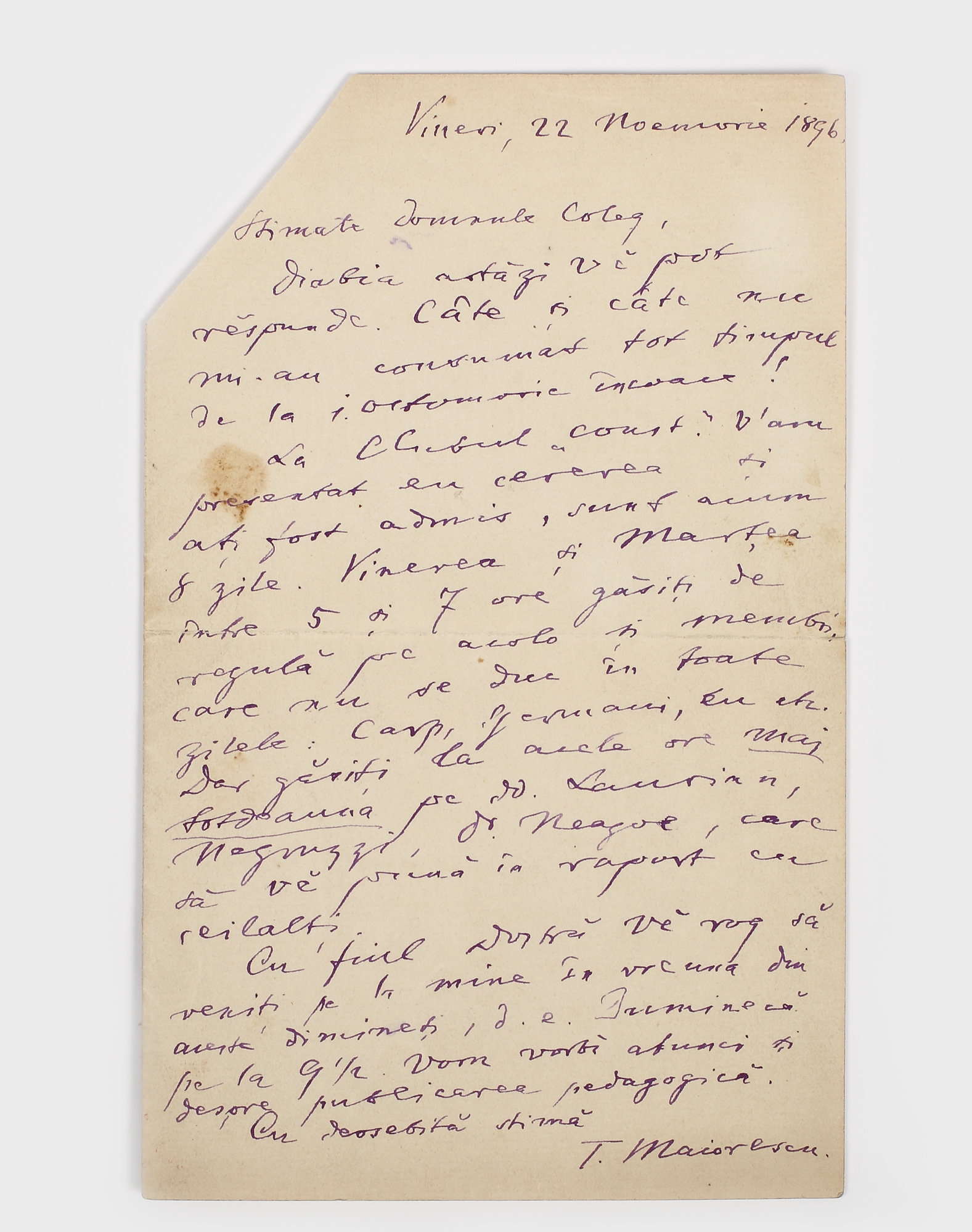 Scrisoare olografă a lui Titu Maiorescu, de acceptare a unui nou membru la întâlnirile Clubului Constituțional format de Petre Carp