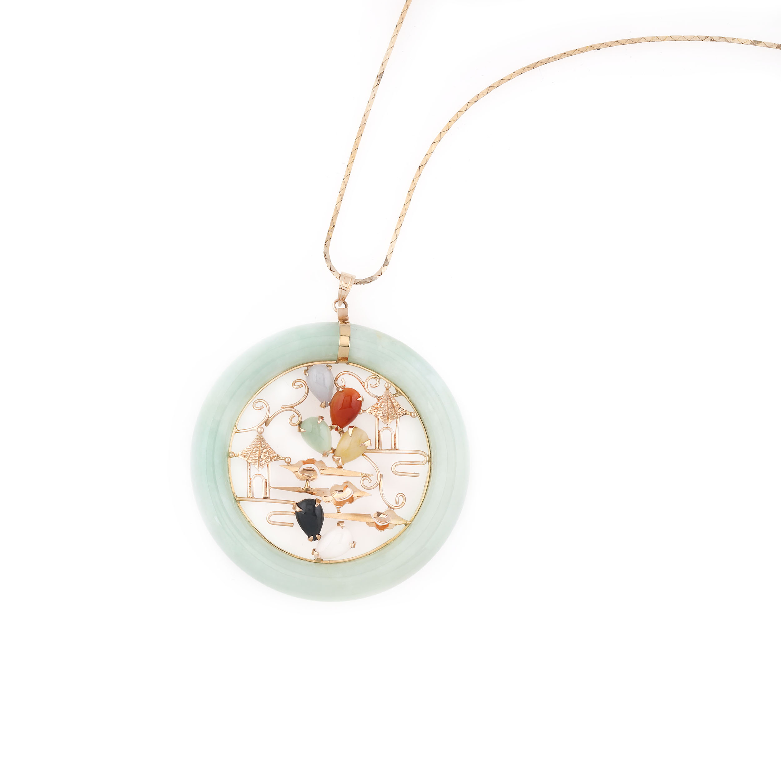 Lanț din aur cu pandantiv chinoiserie, decorat cu jadeite