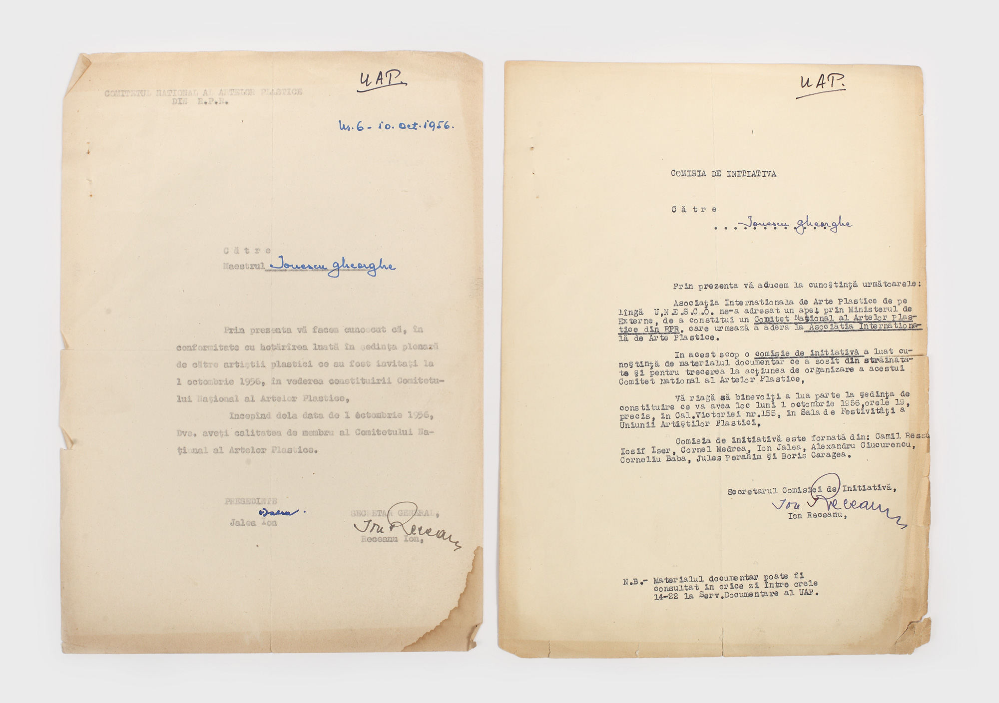 Invitație la constituirea Comitetului Național al Artelor Plastice, semnată de sculptorului Ion Jalea, adresată pictorului Gheorghe Ionescu, 1956
