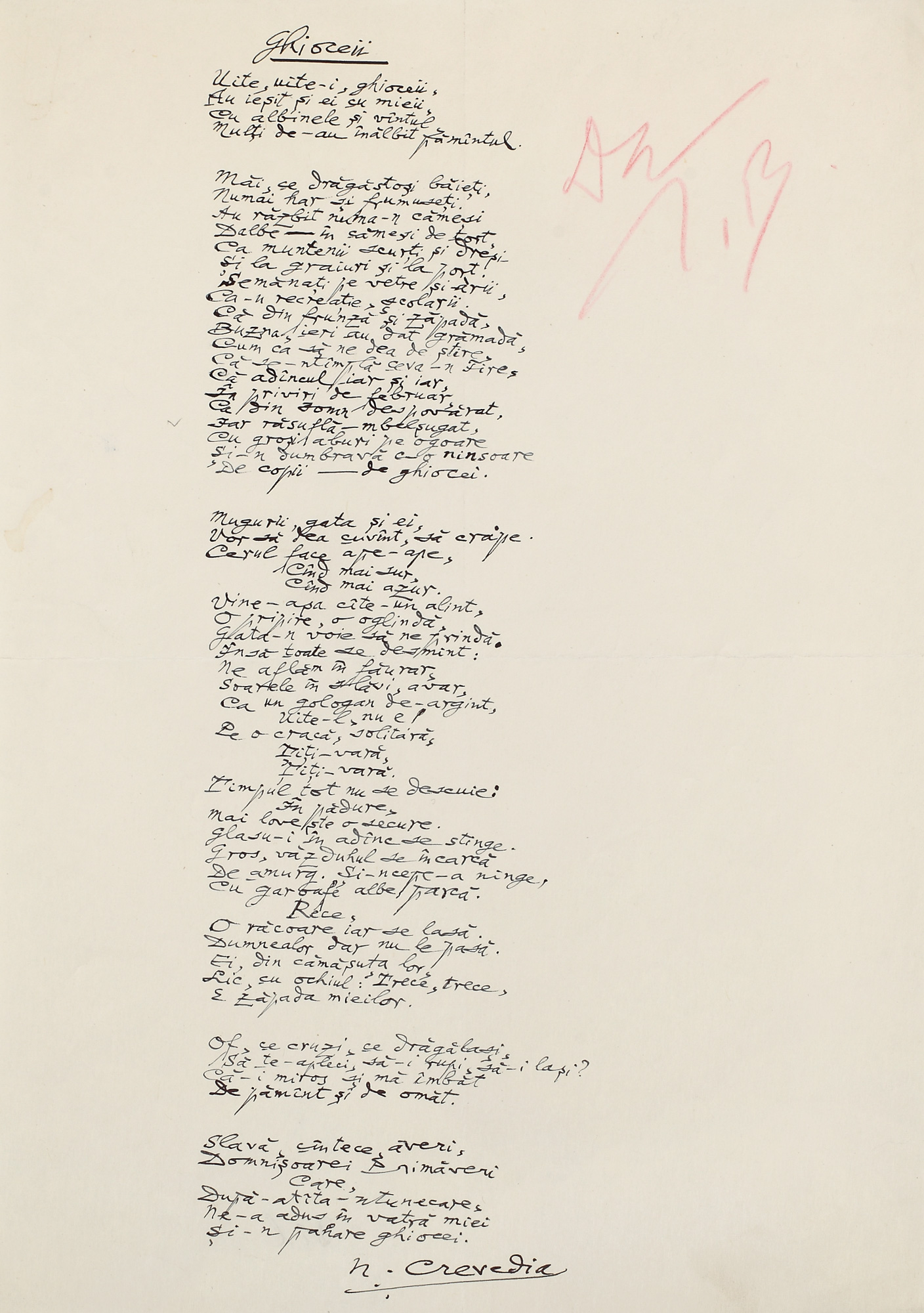Manuscrisul poeziei "Ghioceii", de Nicolae Crevedia