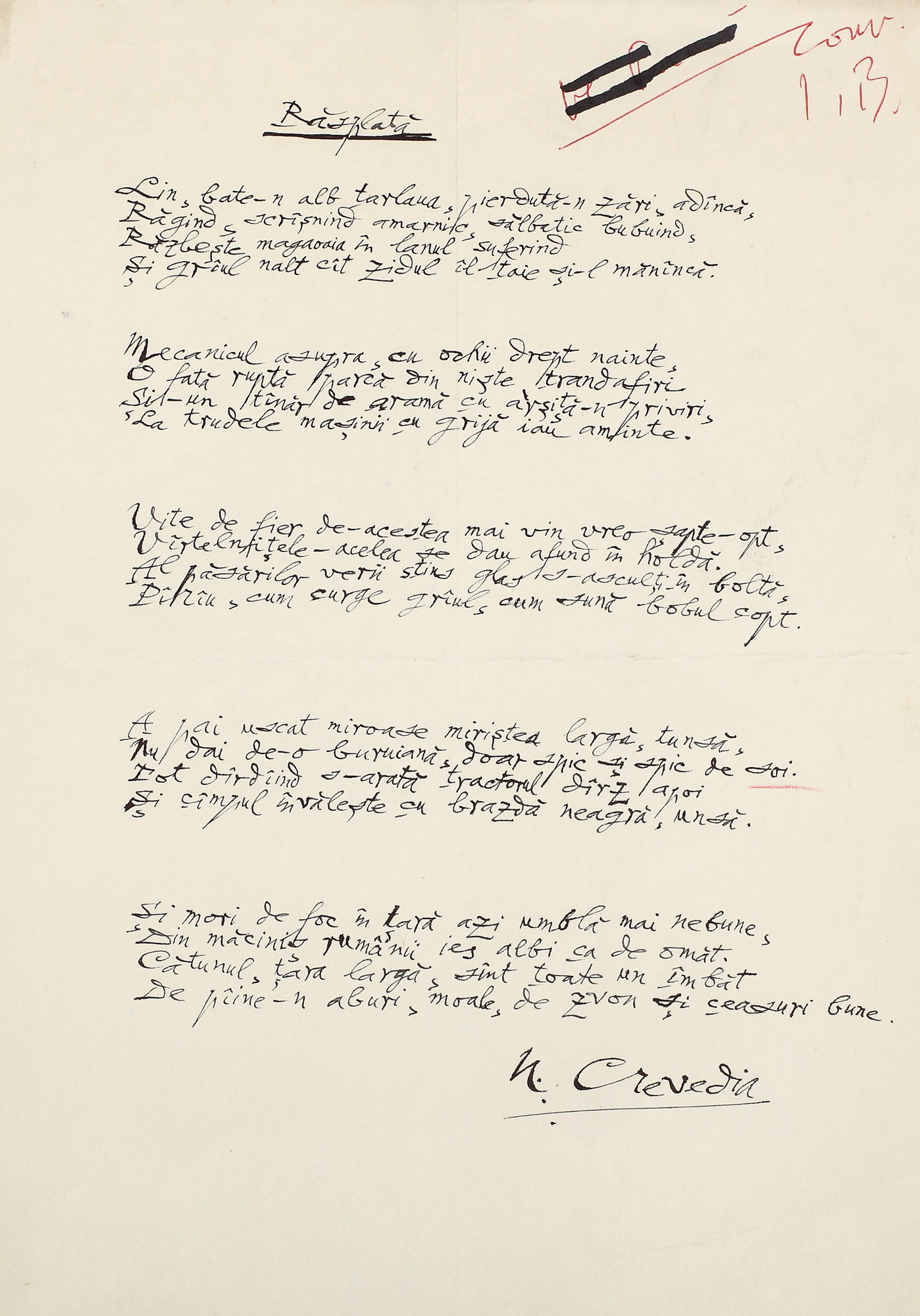 Manuscrisul poeziei "Răsplata", de Nicolae Crevedia