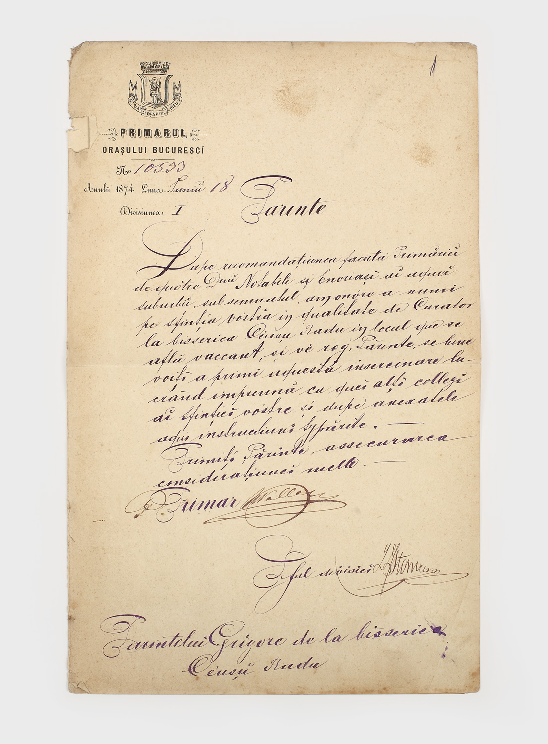 Scrisoare a Primarului Bucureștiului, Generalul George Manu, de numire a Părintelui Grigore drept Curator la biserica Ceauș Radu, 1874