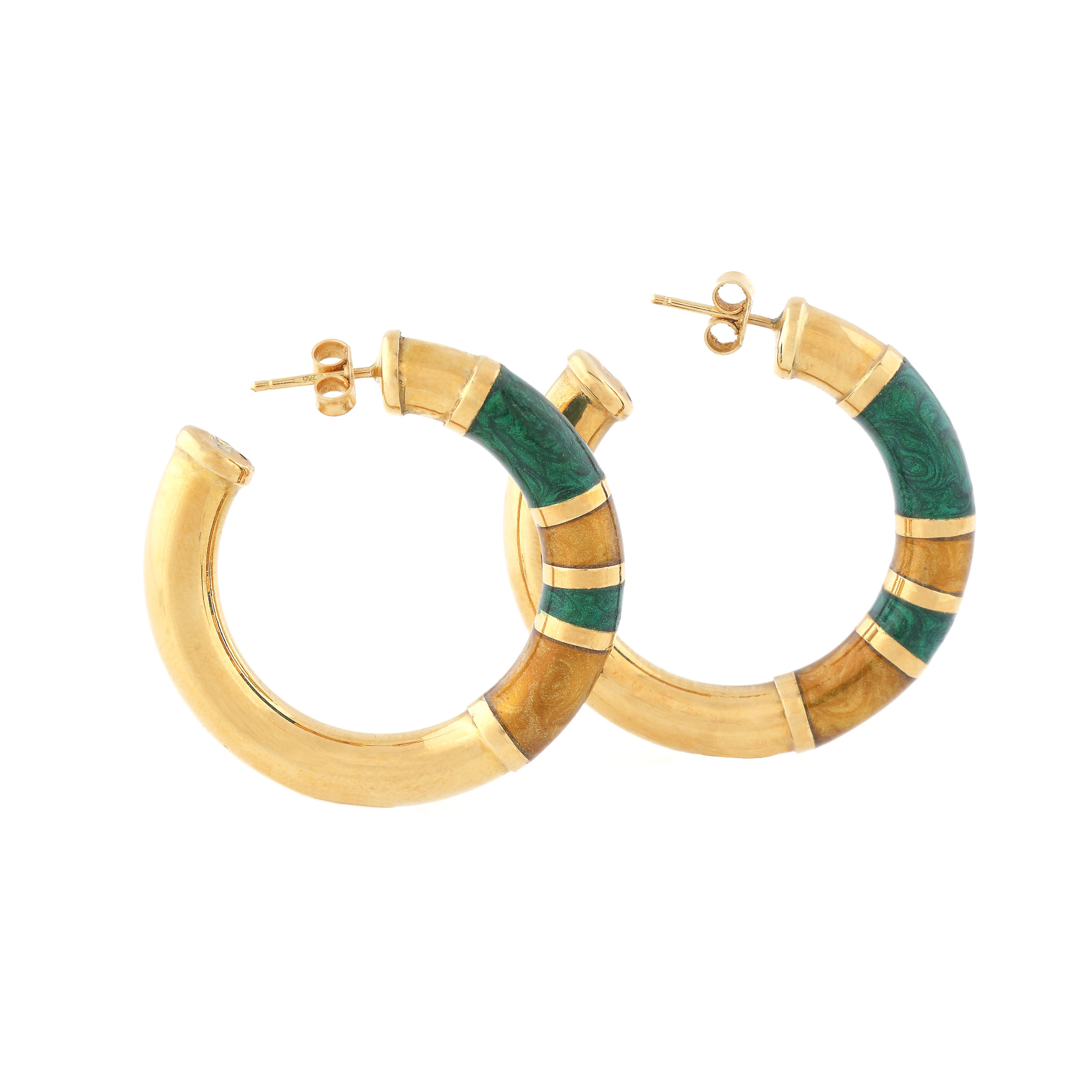 Pair of gold earrings, decorated with enamel