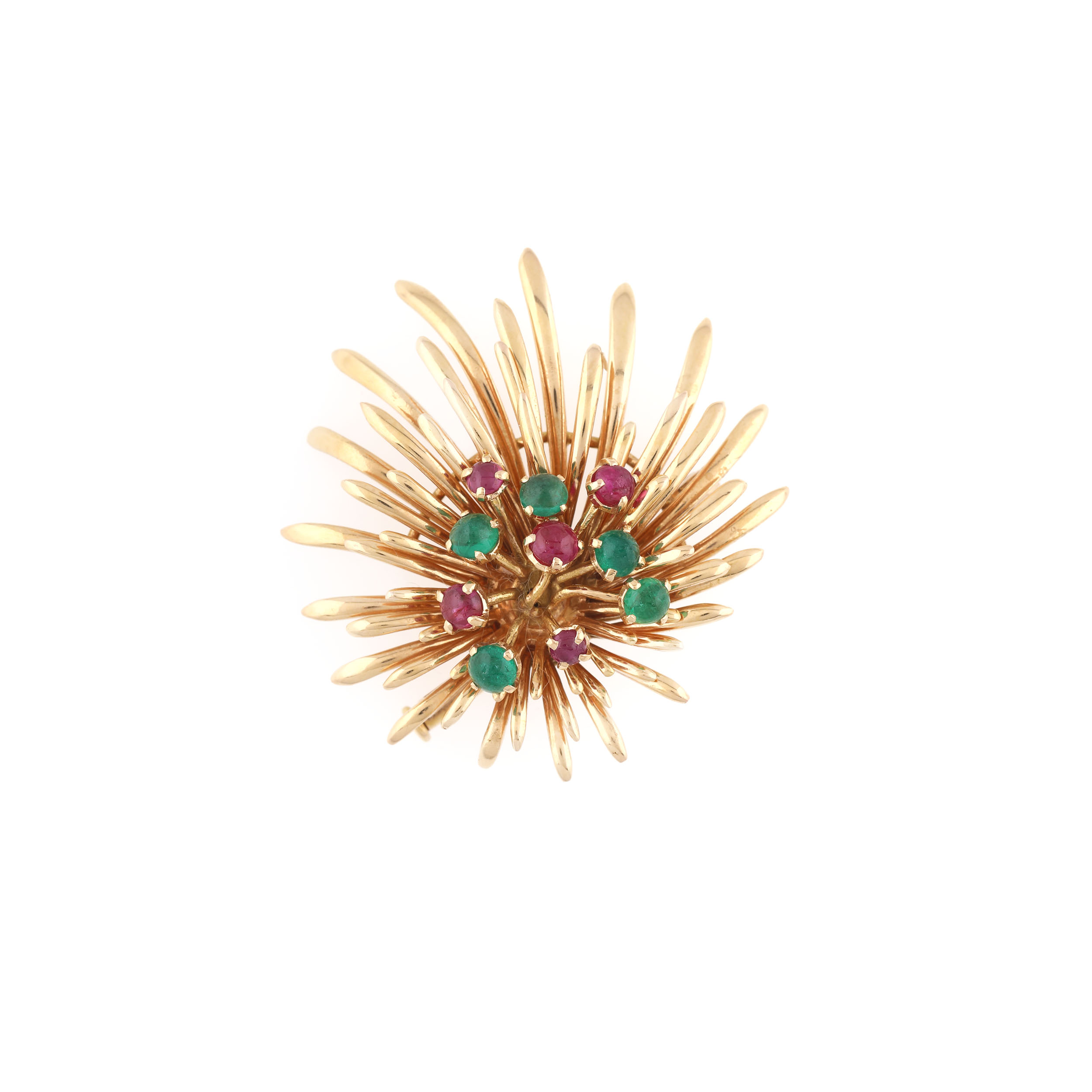Gold broach, decorated with emeralds and cabochon rubies