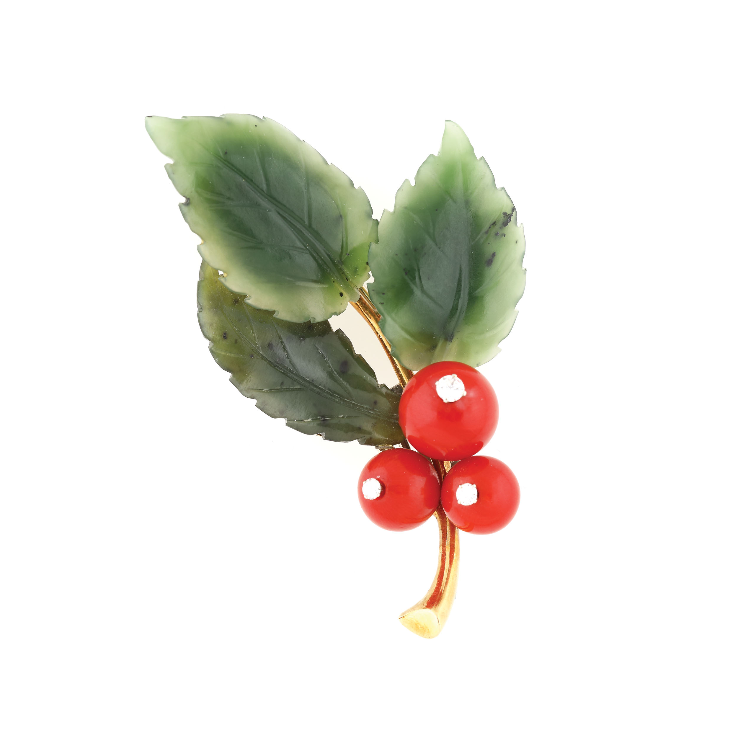 ”Cranberries” - gold broach, decorated with sculpted nephrite, coral, and diamonds