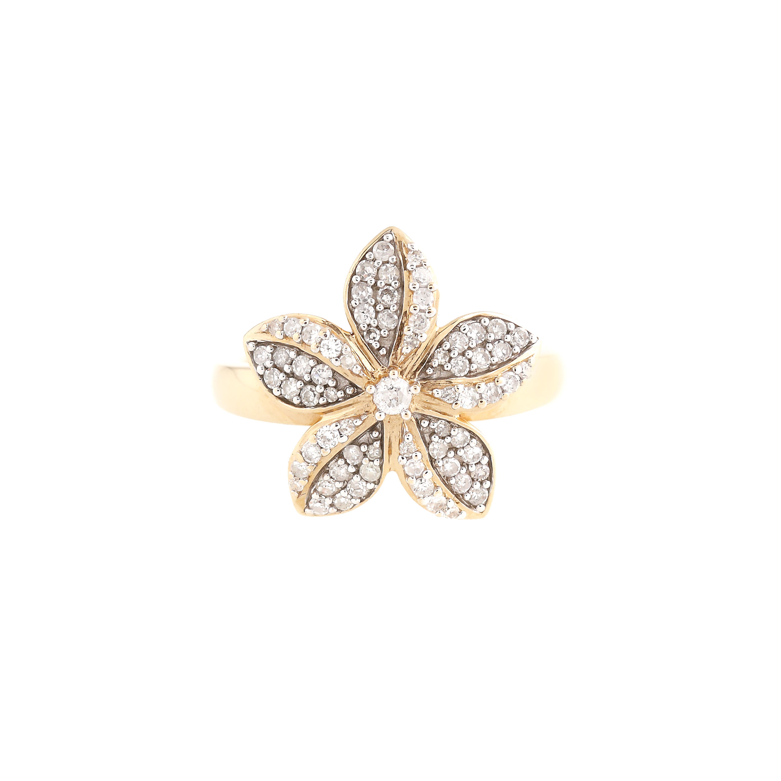 Inel din aur, decorat cu floare pavată cu diamante