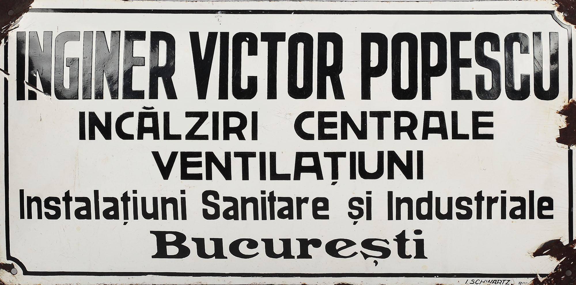Reclama emailată a atelierului de instalații sanitare a ing. Victor Popescu, București, anii 1930