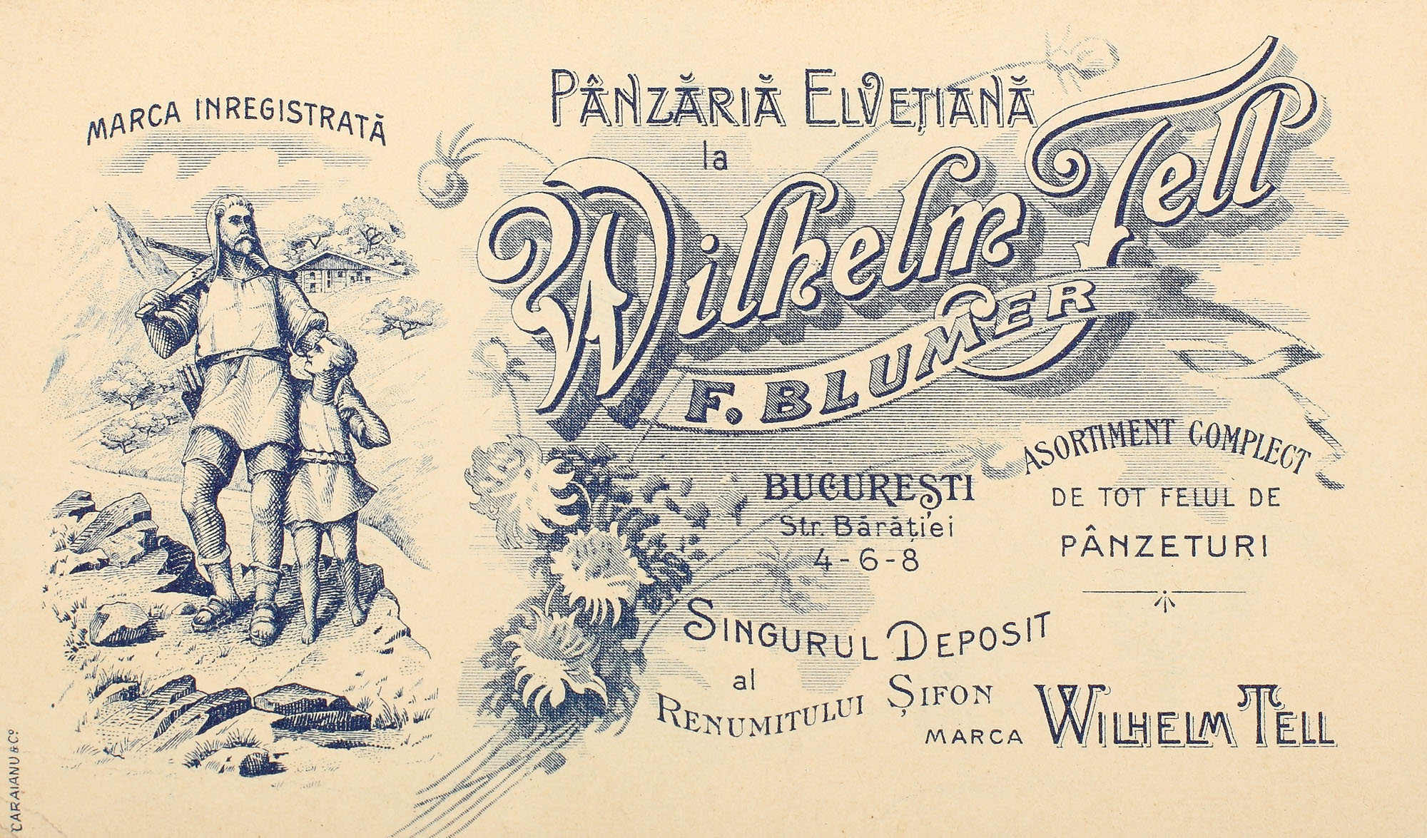 Carte poștală conținând o reclamă pentru magazinul de pânzeturi și șifon "Wilhelm Tell", de pe Str. Bărăției, București, 1915