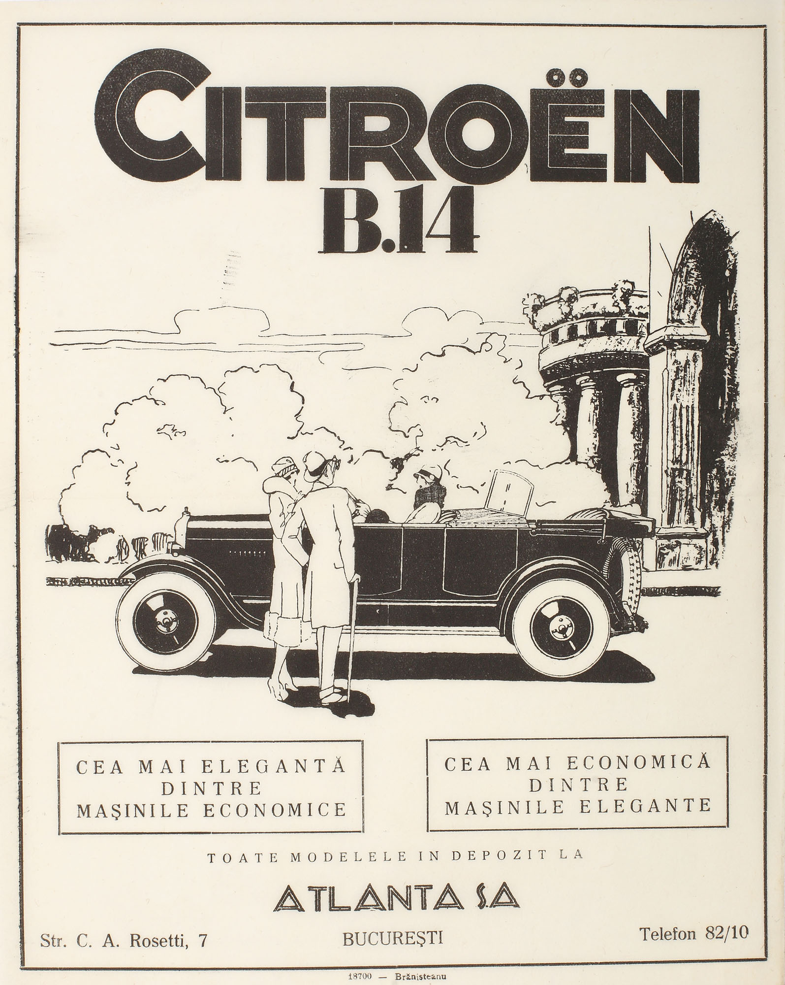 Afiș publicitar interbelic pentru automobilele Citroen B14, vândute de firma Atlanta SA din București, mijlocul anilor 1920