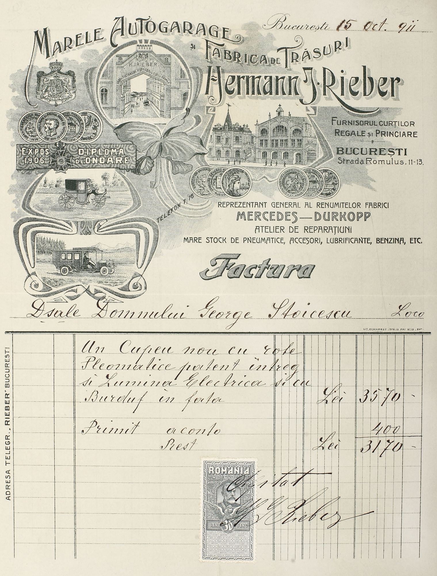 Factură pentru achiziționarea unui cupeu Mercedes, emisă de Marele Autogarage și Fabrica de Trăsuri Hermann Rieber, 1911