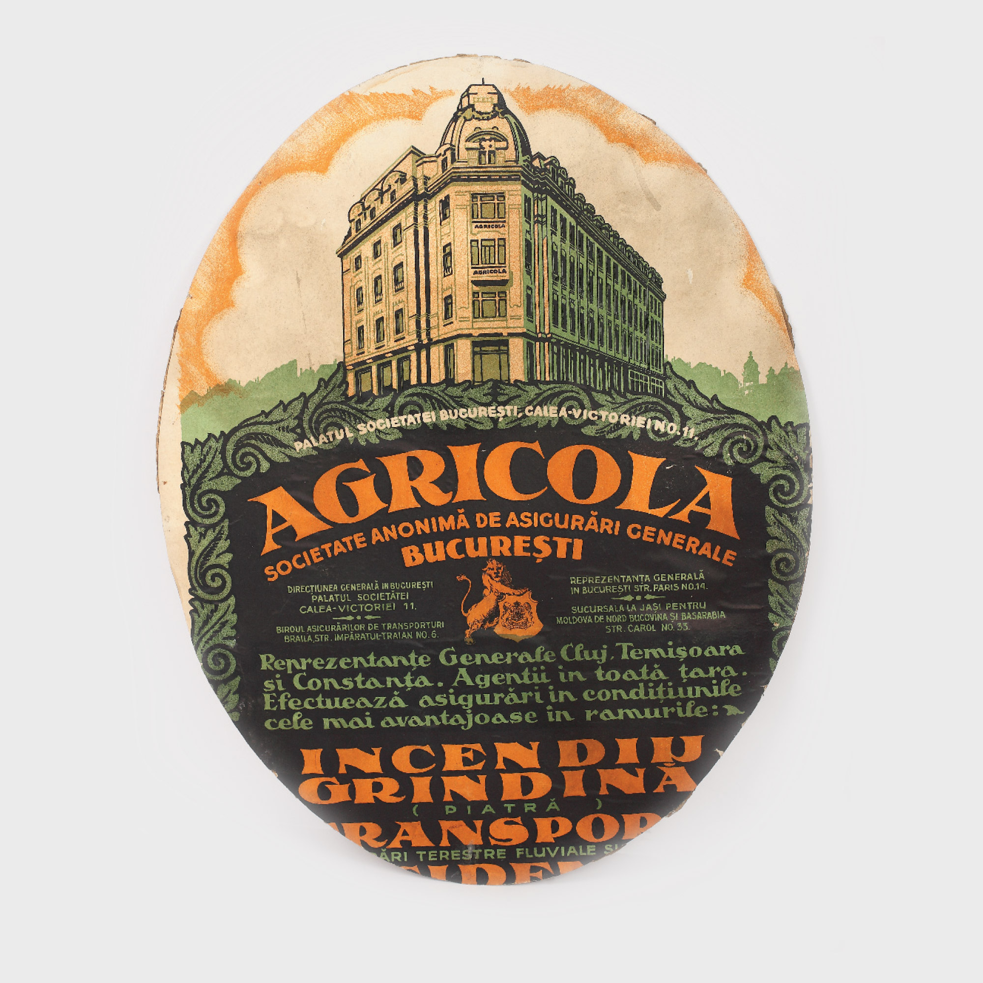 Afiș publicitar al societății de asigurări Agricola, anii 1930 