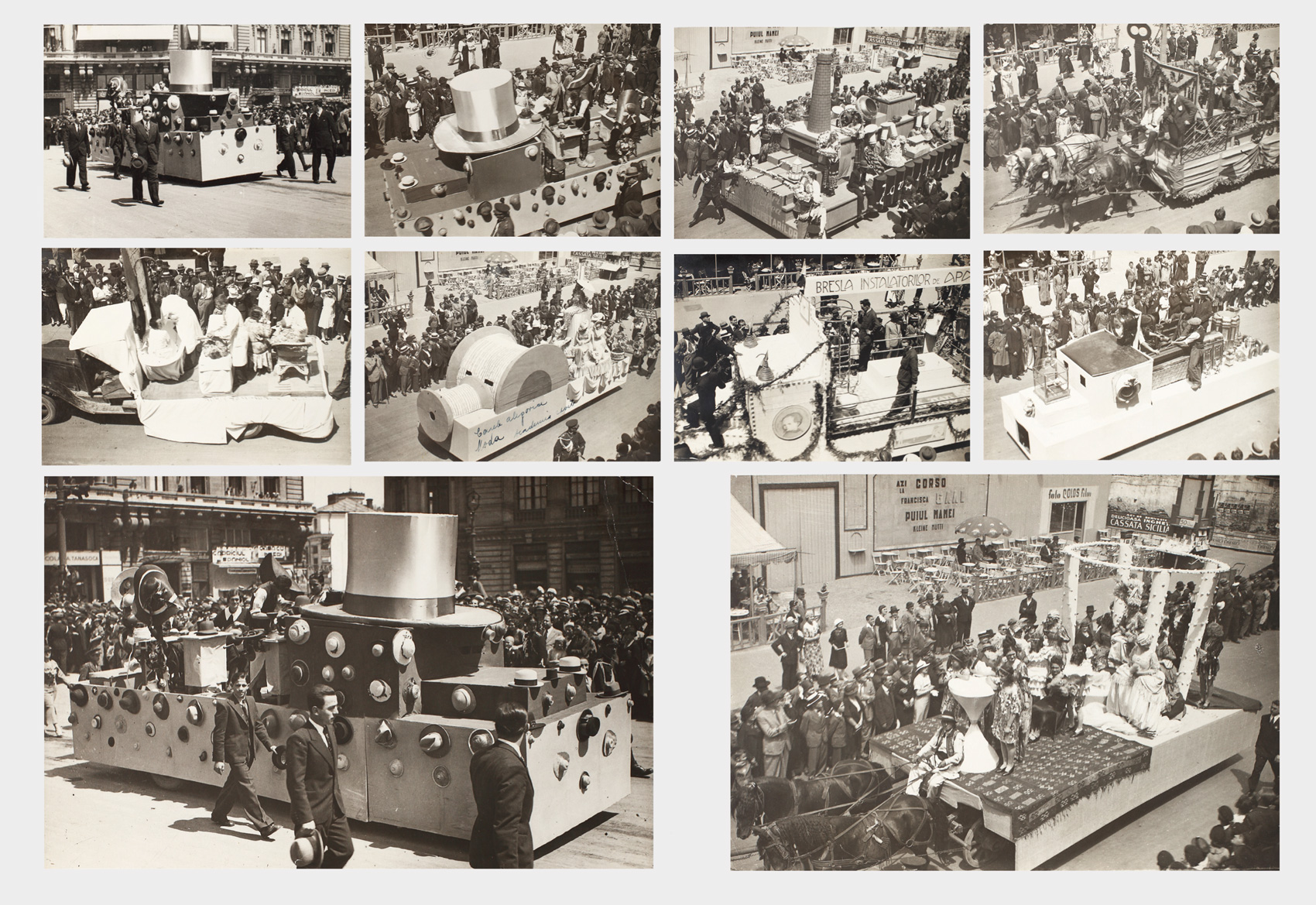Lot format din 10 fotografii rare surprinzând care alegorice defilând pe străzile Bucureștiului, anii 1930