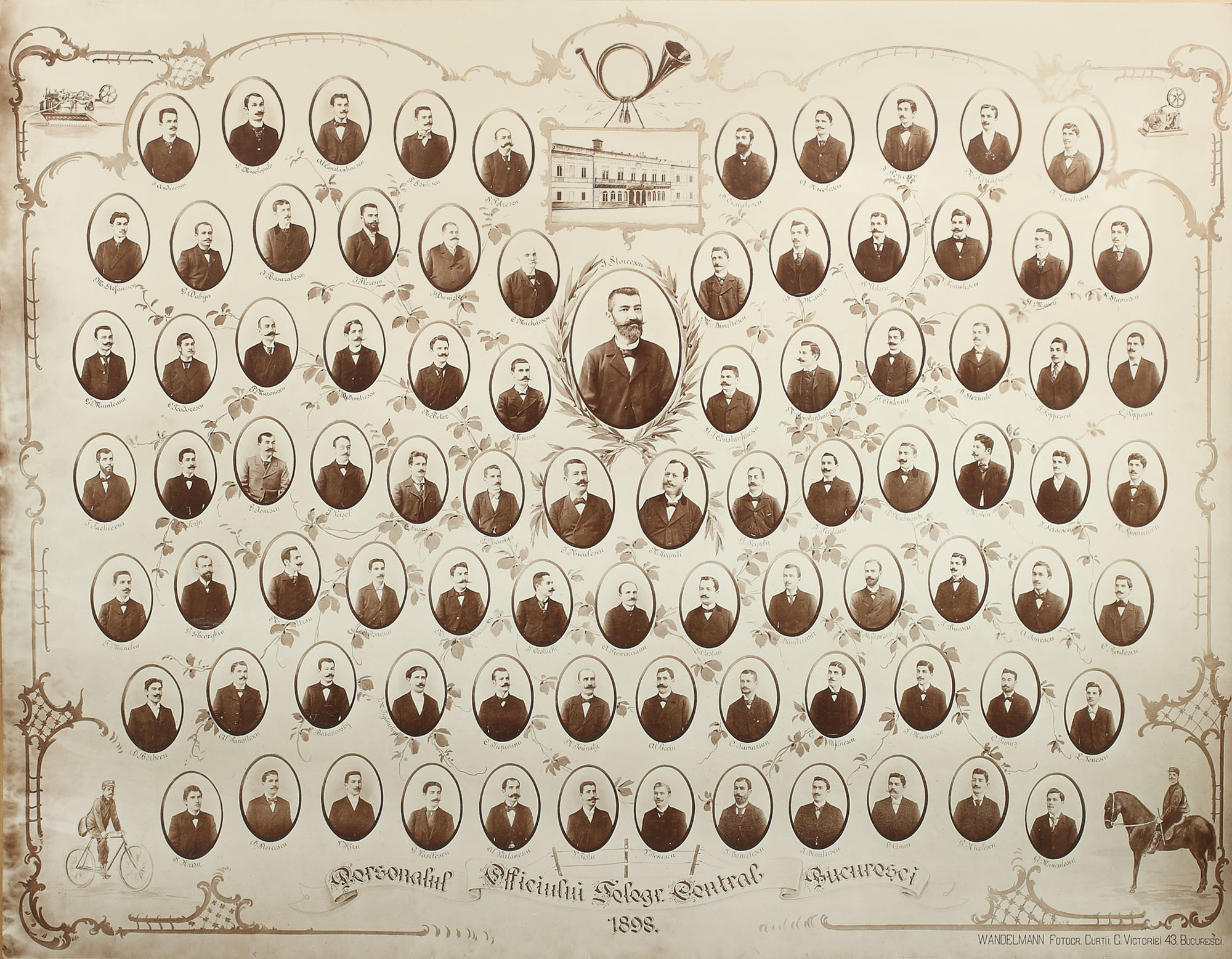 Fotografie de epocă, de perete, personalul Oficiului Telegraf București, 1898