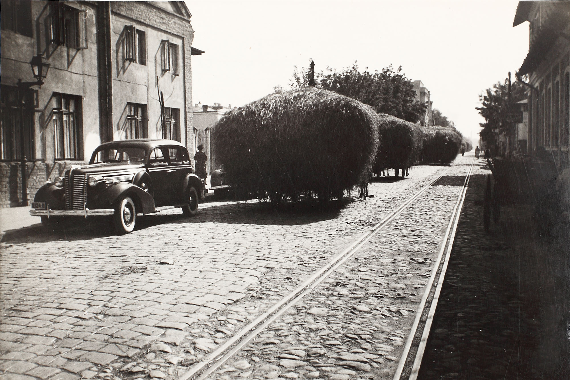 Fotografie înfățișând care cu fân prin centrul capitalei, Foto Berman, mijlocul anilor 1930