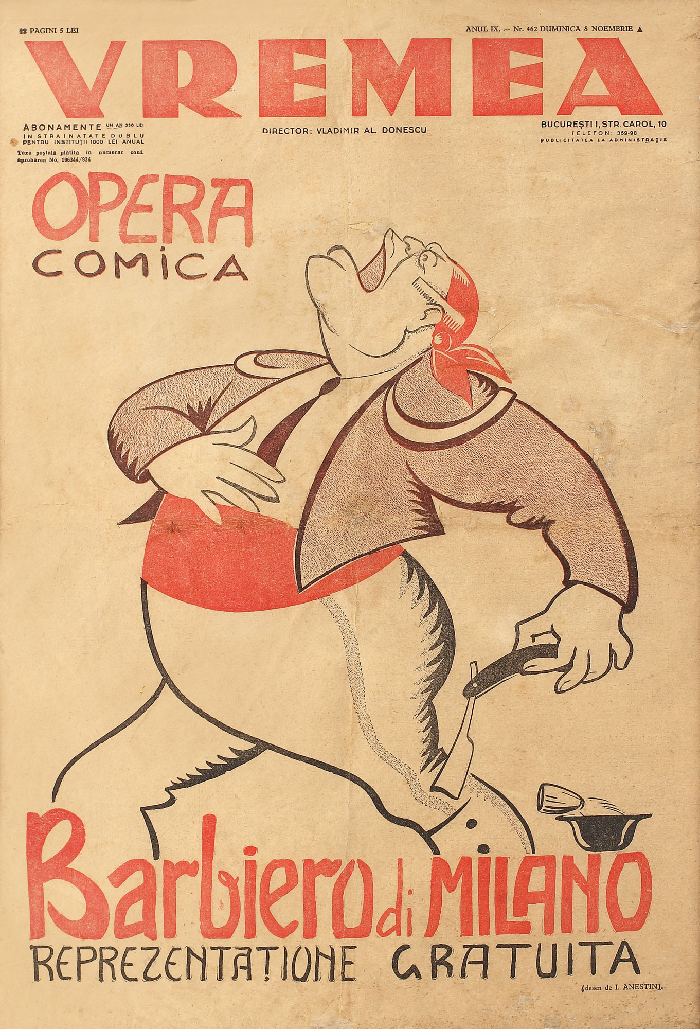 Reclamă la reprezentația operei comice "Bărbierul din Milano", de Ion Anestin, 1936