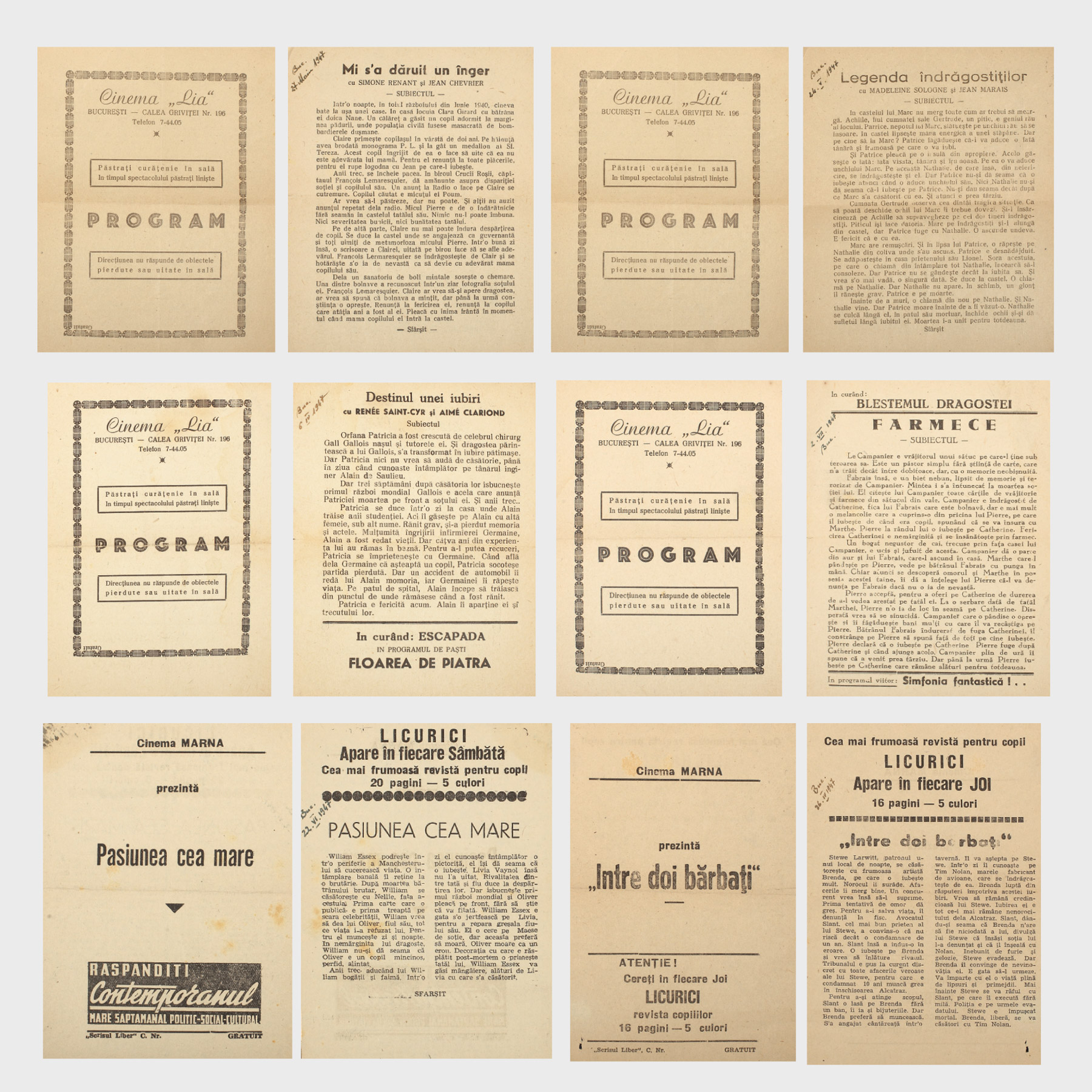 Lot format din 11 programe de Cinema, București, 1947