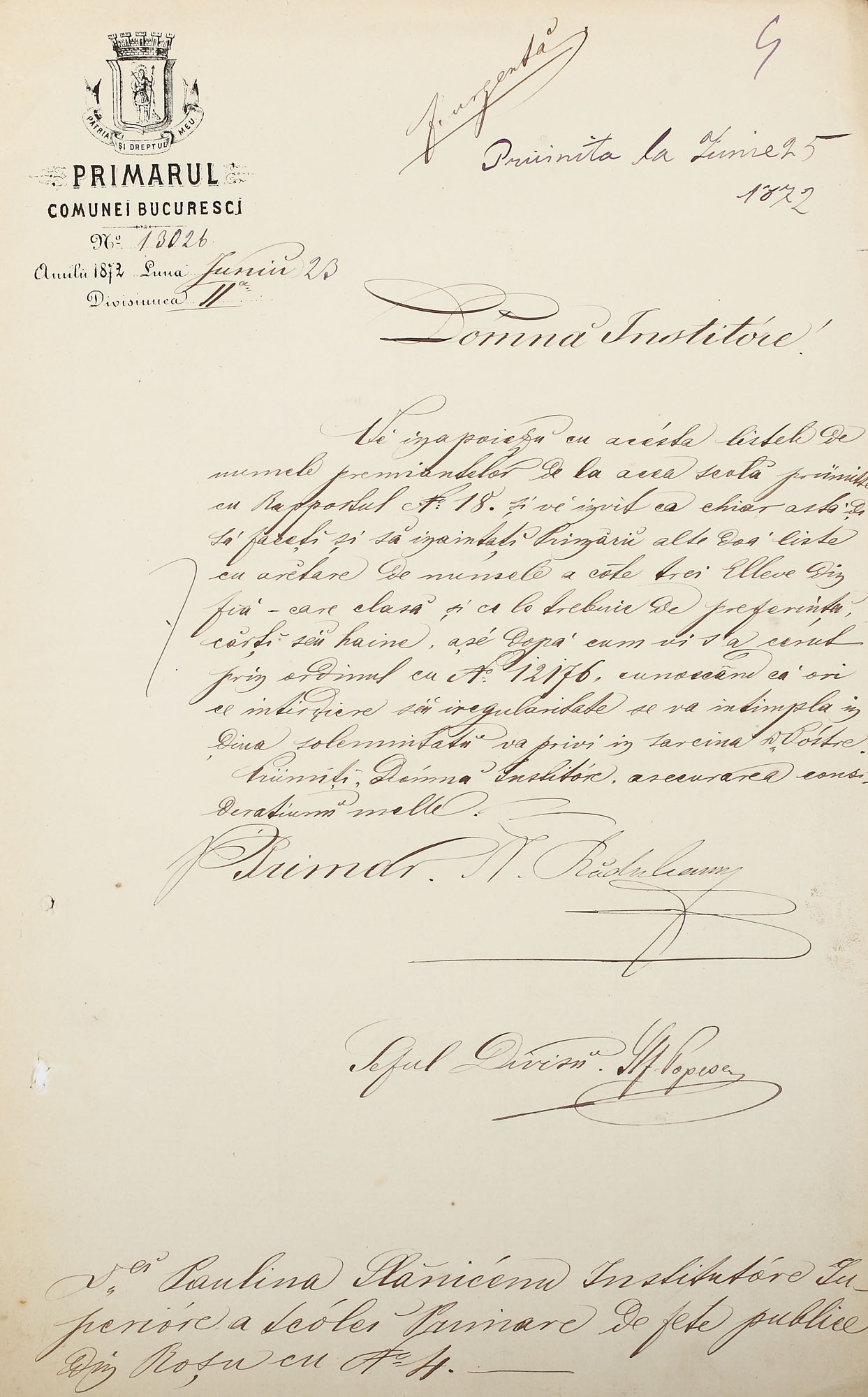 Document emis de primăria București, 23 Iunie 1872
