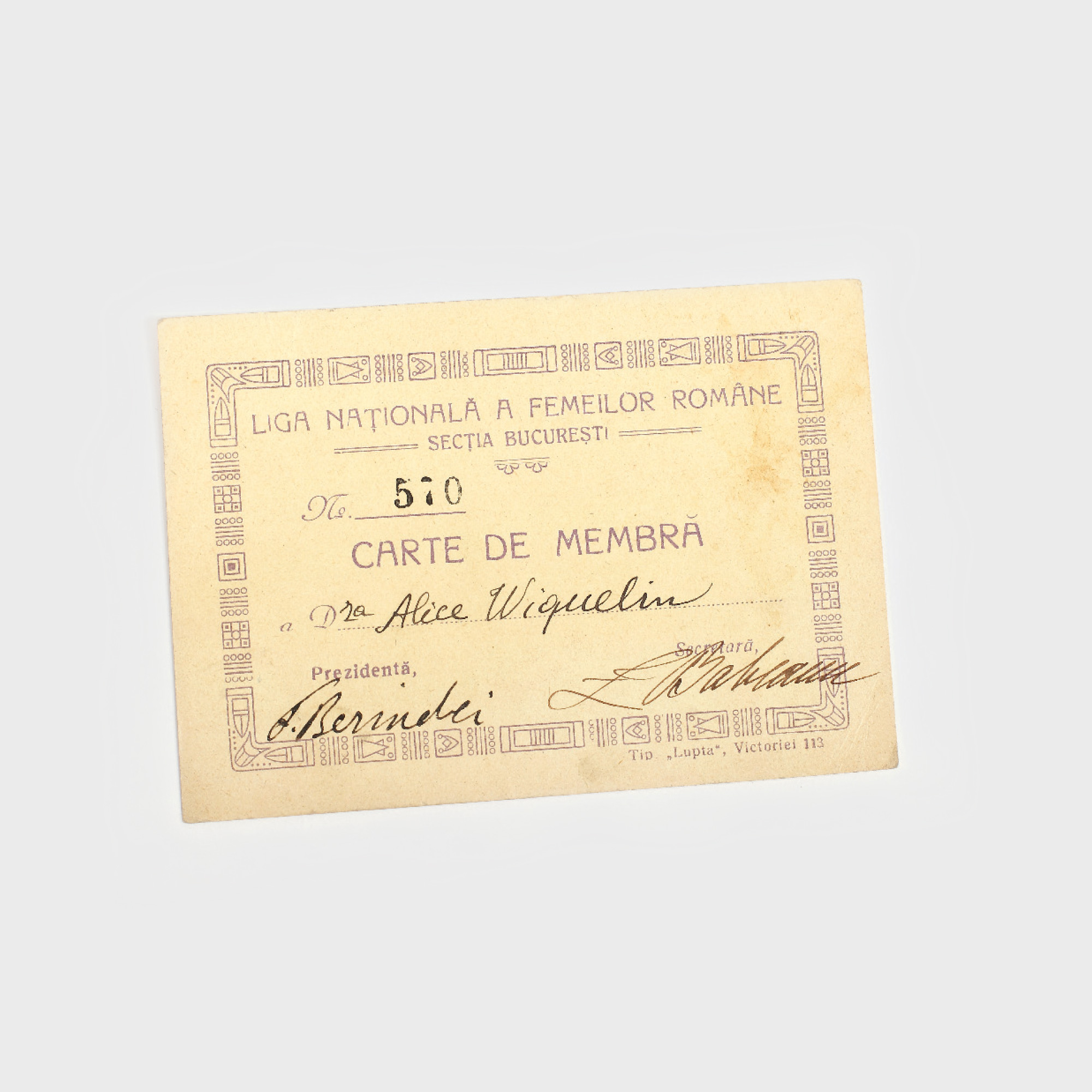 Carte de membră, Liga Națională a Femeilor Române, secția București, anii 1920