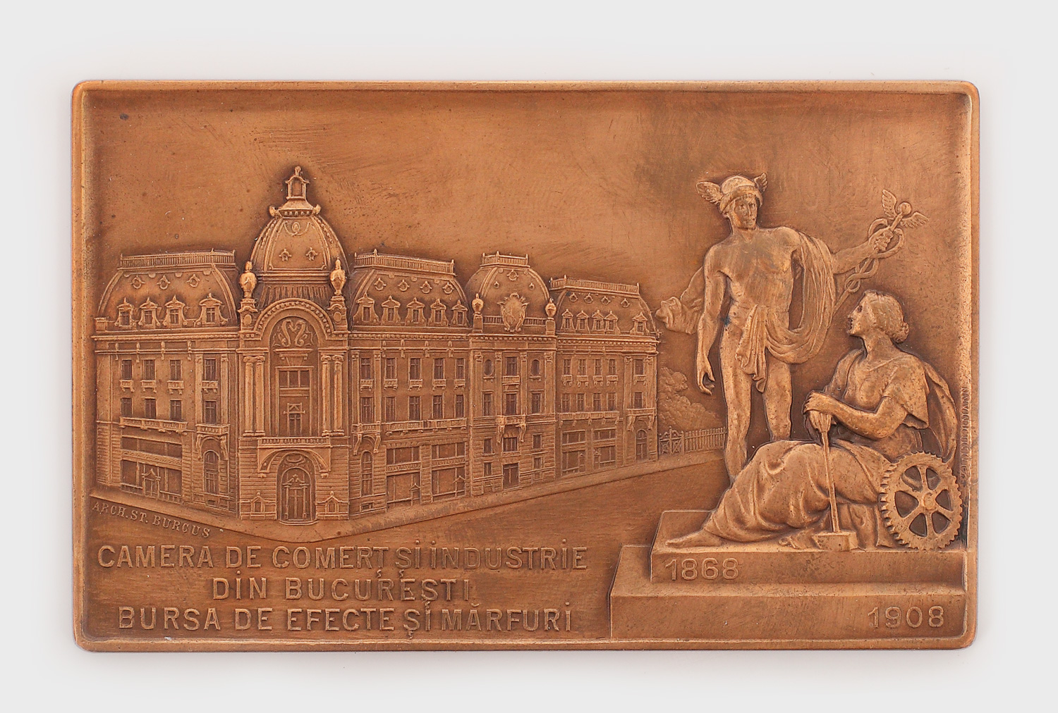 Plachetă aniversară de 40 de ani de la înființarea Camerei de Comerț și Industrie din București, 1908