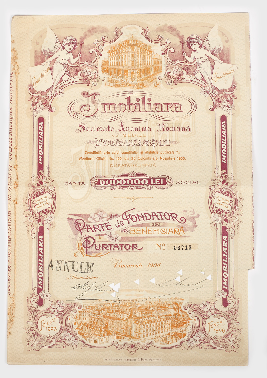 Acție a societății Imobiliara București, 1906