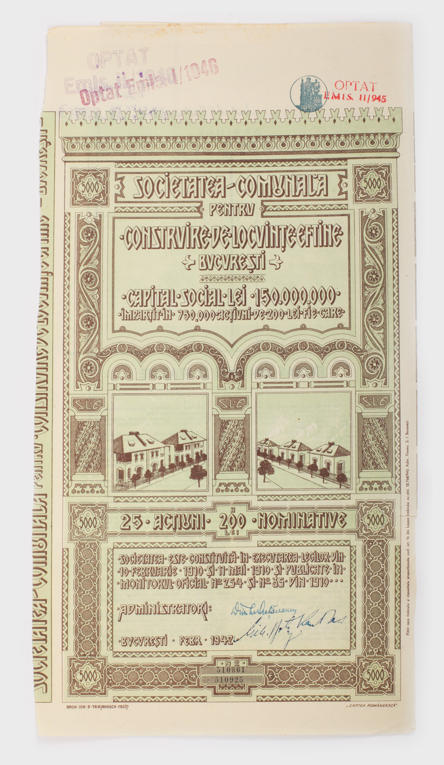 Certificat nominativ de 25 de acțiuni în valoare de câte 200 de lei fiecare, emis de Societatea Comunală pentru construirea de locuințe ieftine, 1910