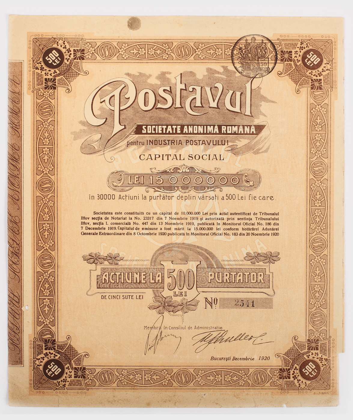Acțiune "Postavul" cu valoare nominativă de 500 de lei, 1920