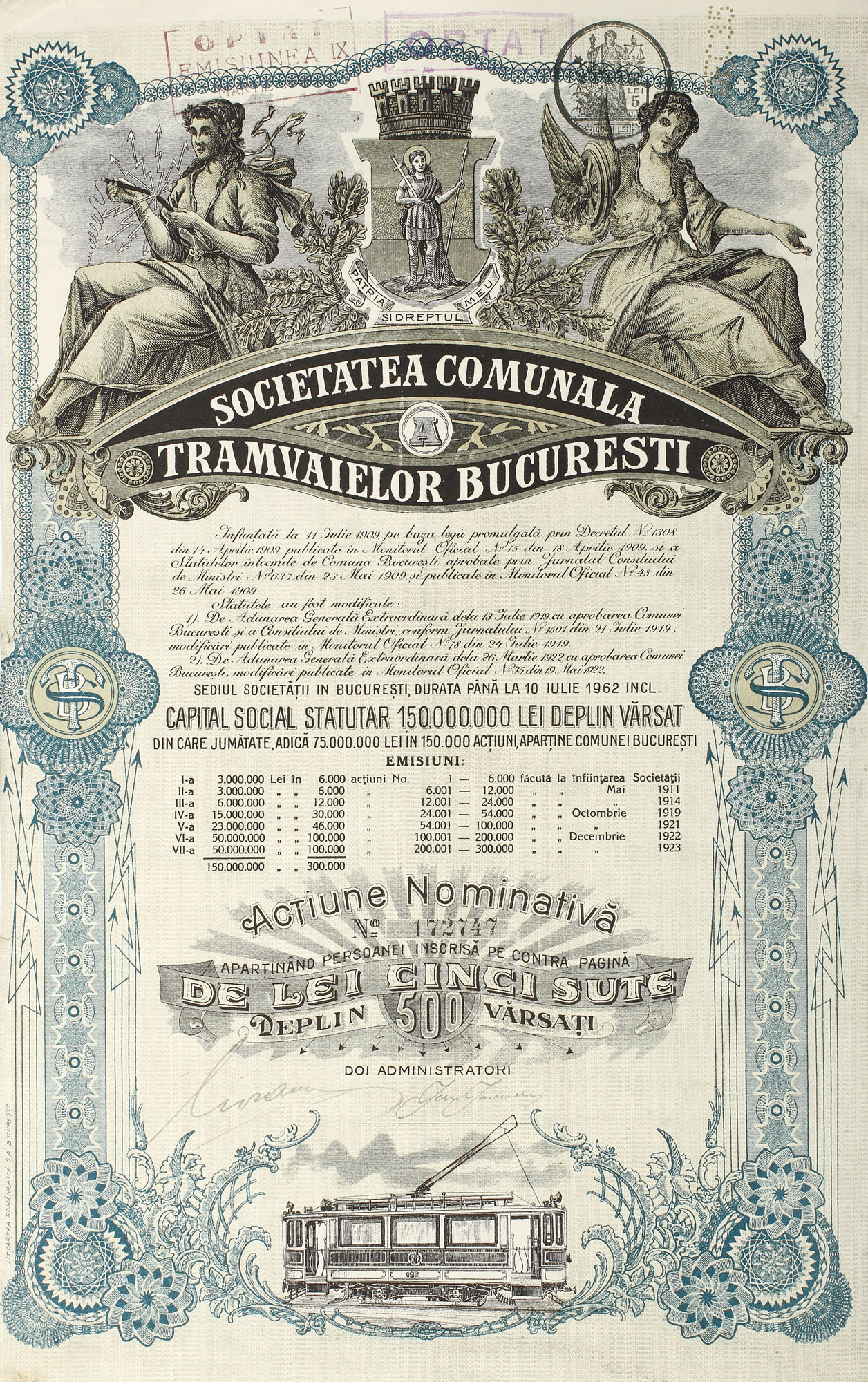 Acțiuni nominative (500 lei) ale Societății Comunale a Tramvaielor București