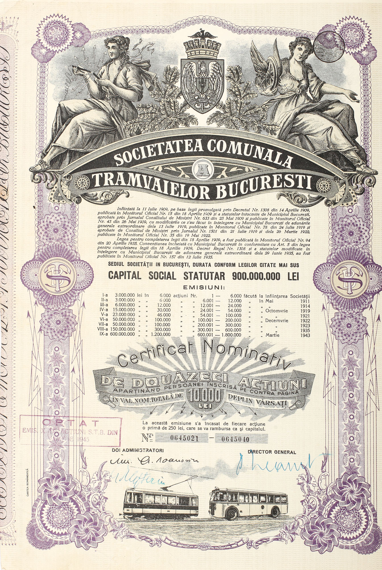 Certificat nominativ de 20 de acțiuni emis de Societatea Comunală a Tramvaielor București, cu valoare nominală de 10.000 lei, 1935
