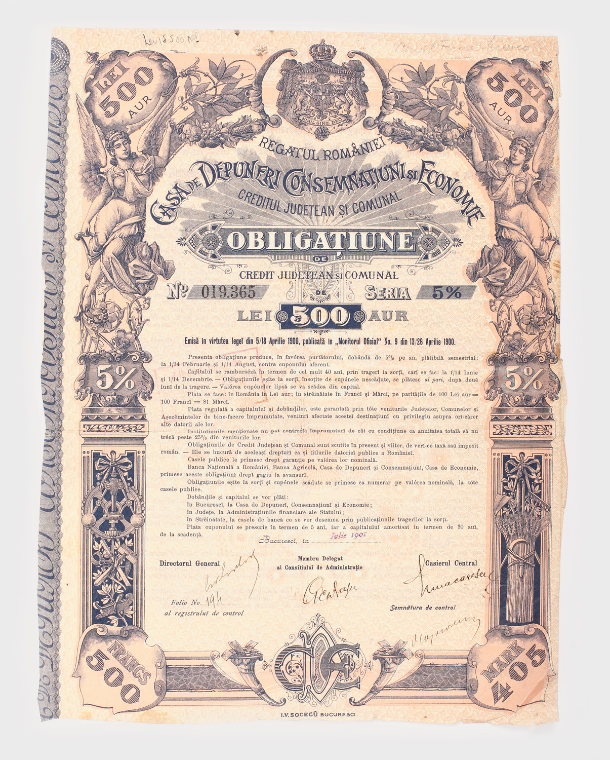 Obligațiune emisă de Casa de Depuneri, Consemnațiuni și Economie, în valoare de 500 lei, 1900