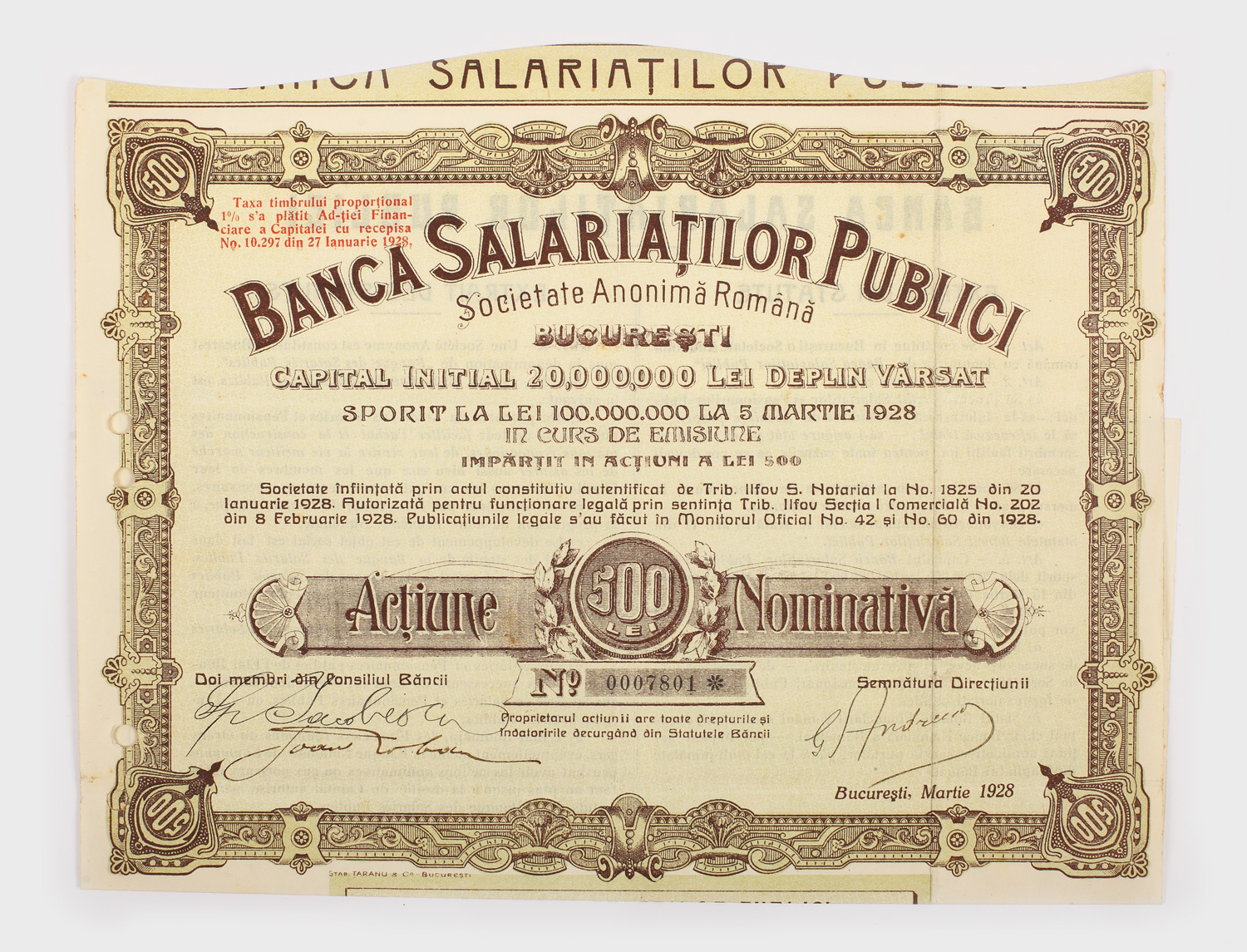 Acțiune Banca Salariaților Publici cu valoare nominativă de 500 lei, 1928