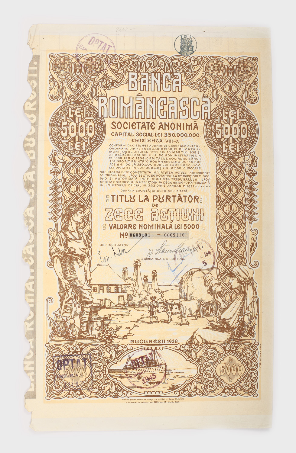 Titlu purtător de 10 acțiuni, cu valoare nominativă de 500 de lei fiecare, emis de Banca Românească, 1938