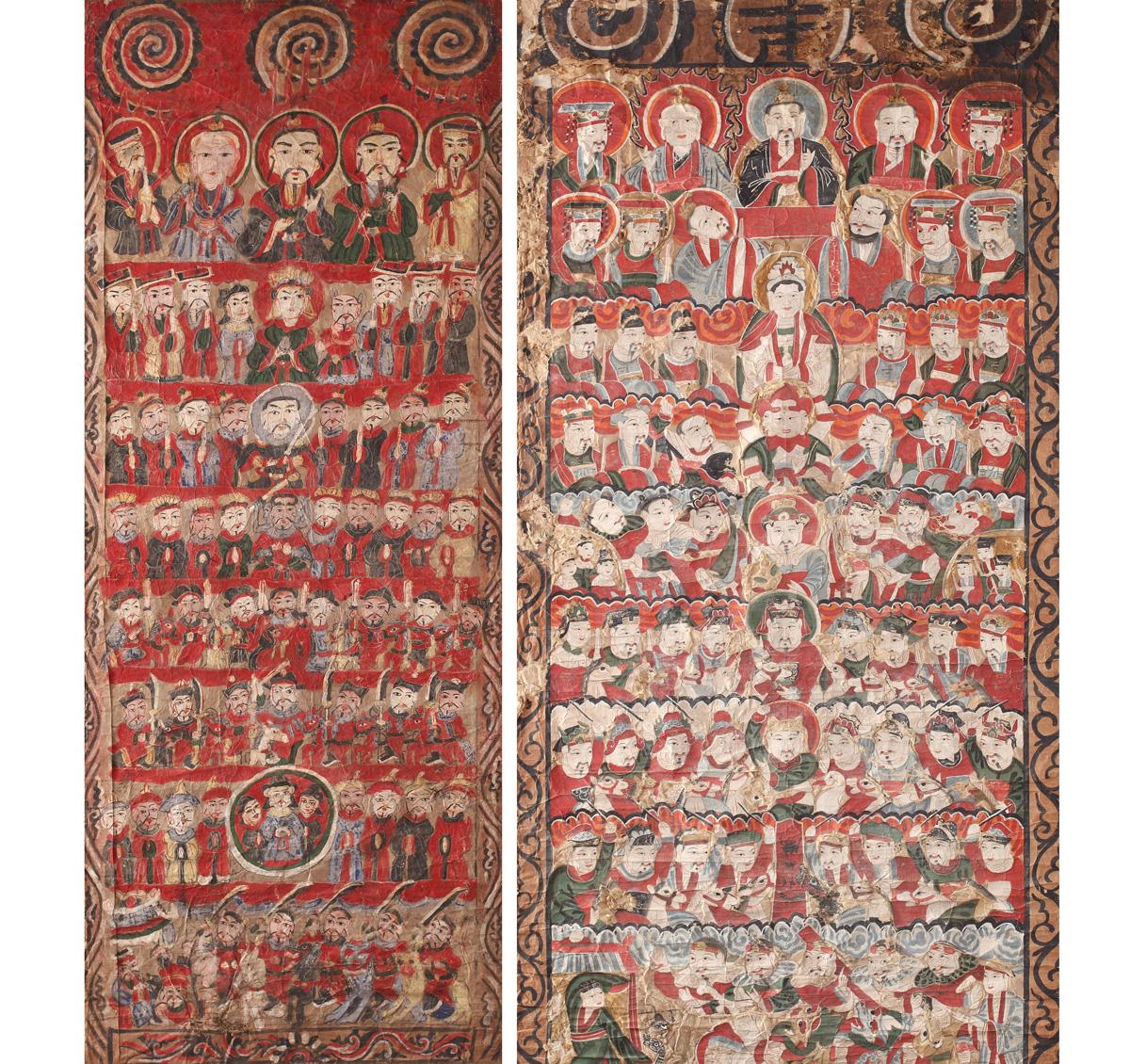 Lot format din două picturi Thangka ce prezintă grupul celor care, ascultând învățăturile lui Buddha, au atins Nirvana, prima jumătate a sec. XX
