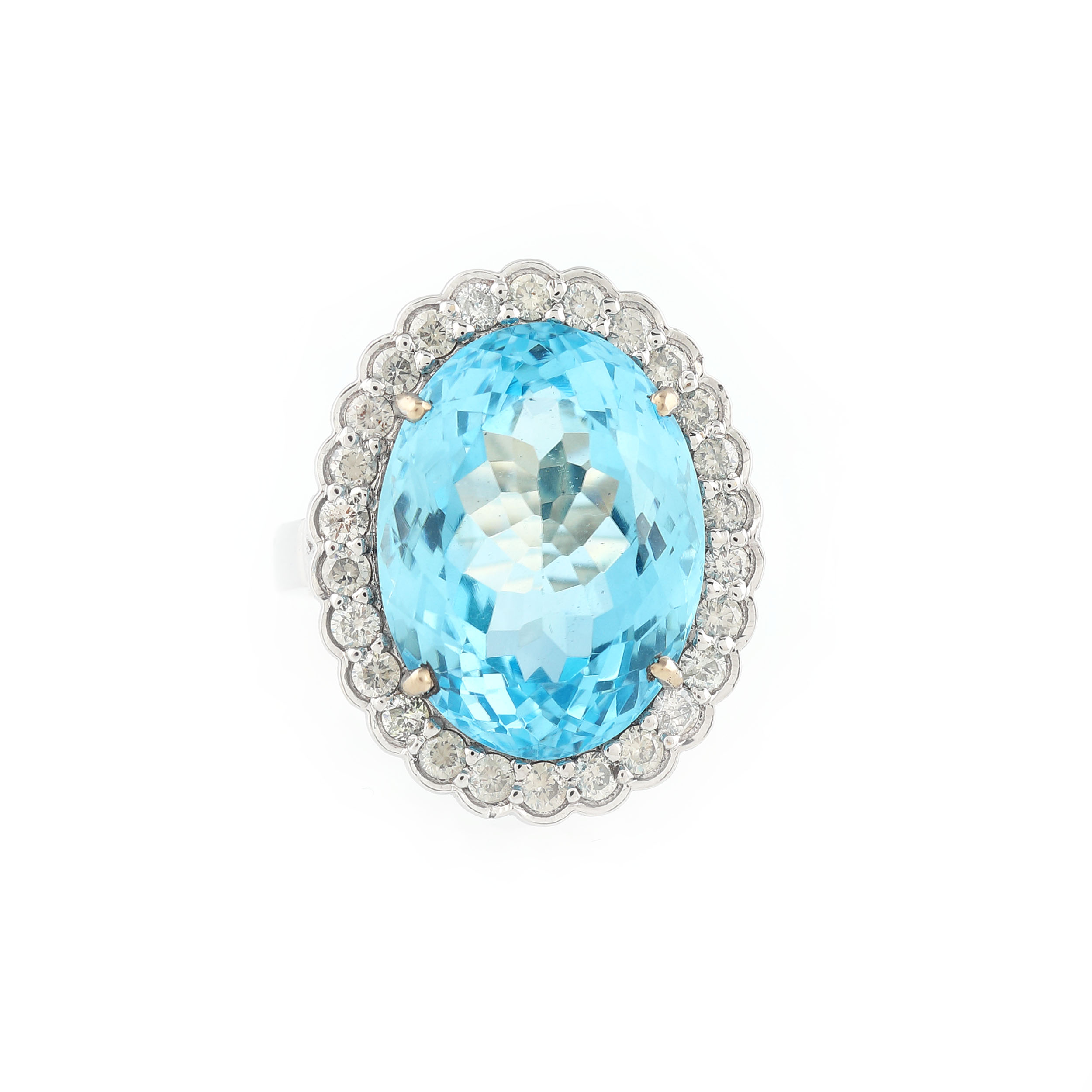 Impunător inel din aur alb, decorat cu topaz în anturaj de diamante