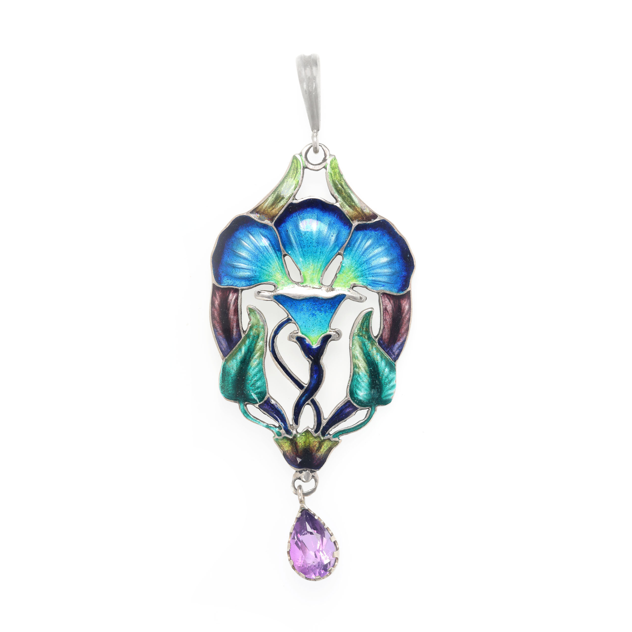 Art Nouveau silver pendant, decorated with enamel and amethyst, approx. 1900