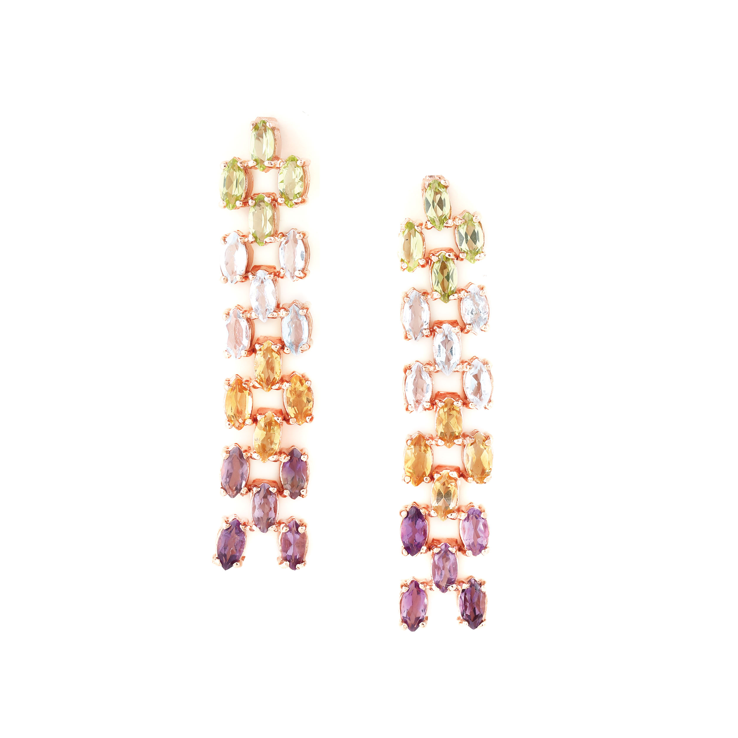 ”Rainbow” - a pair of gold-plated silver earrings, decorated with amethysts, citrines, peridotes, and topaz 