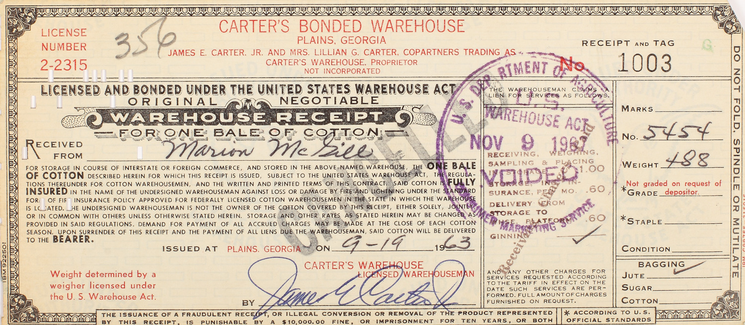 Semnătura președintelui american Jimmy Carter din perioada în care administra afacerea familiei, Carter's Warehouse, pe o chitanță de primire în depozit