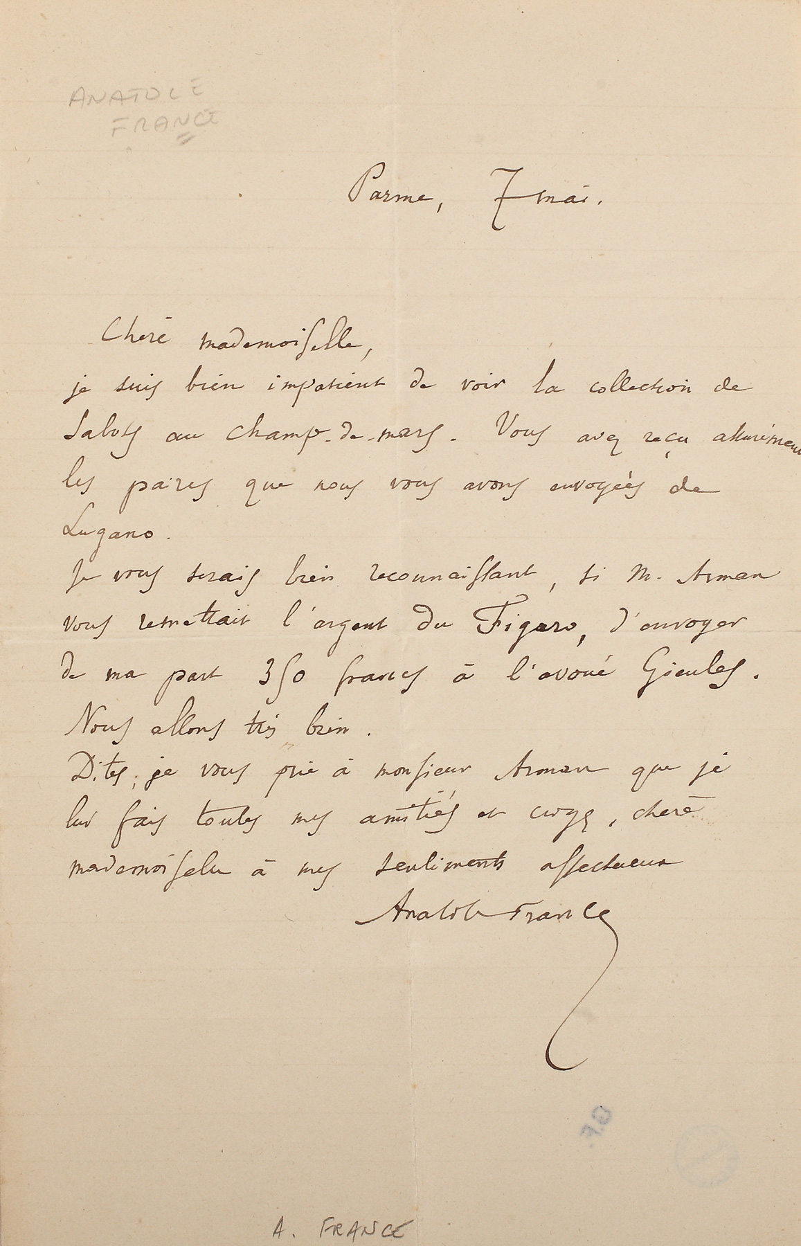 Scrisoare a scriitorului francez Anatole France, purtând semnătura acestuia