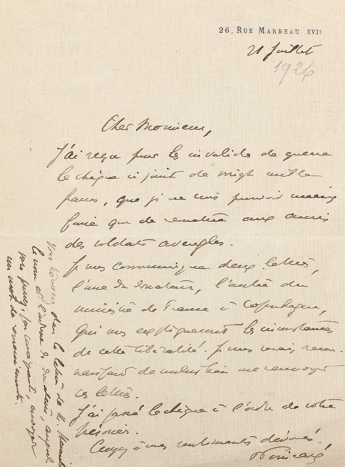 Scrisoare a președintelui Franței Raymond Poincare, purtând semnătura acestuia