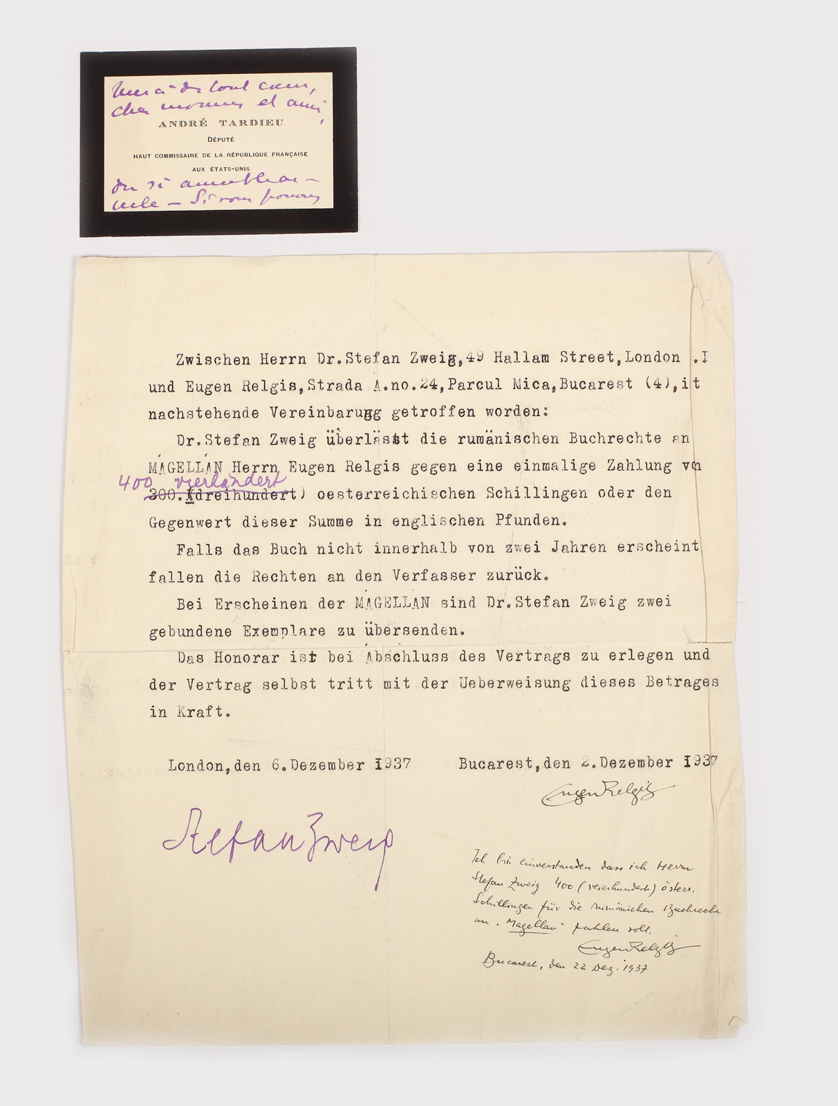Contract între filozoful pacifist român Eugen Relgis (Siegler) și scriitorul austriac Stefan Zweig, purtând semnăturile olografe a celor doi