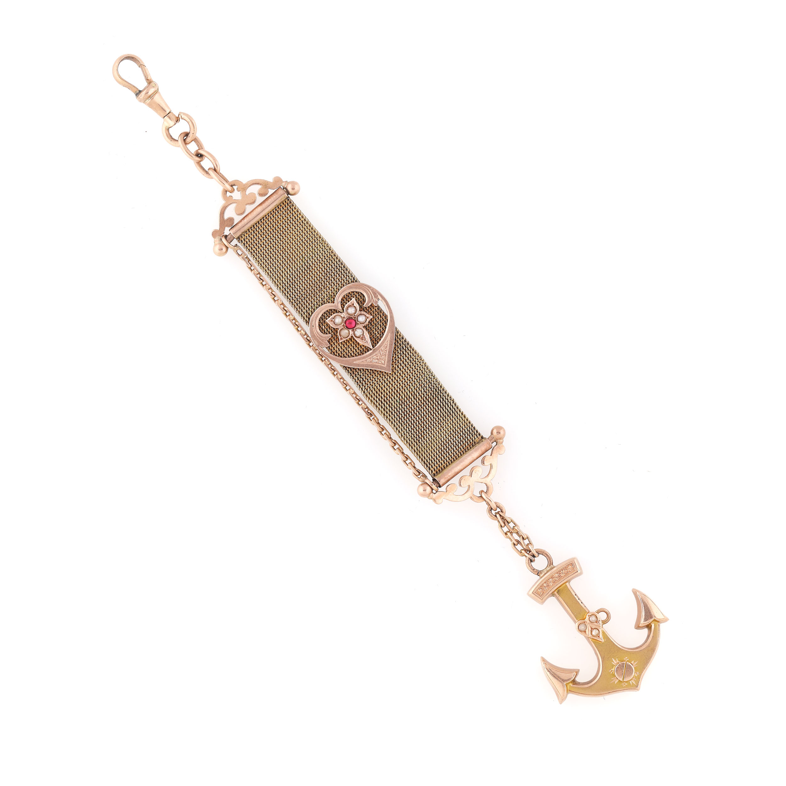Decorative accessory for pocket watch, made of gold, decorated with small applied pearls, approx. 1900