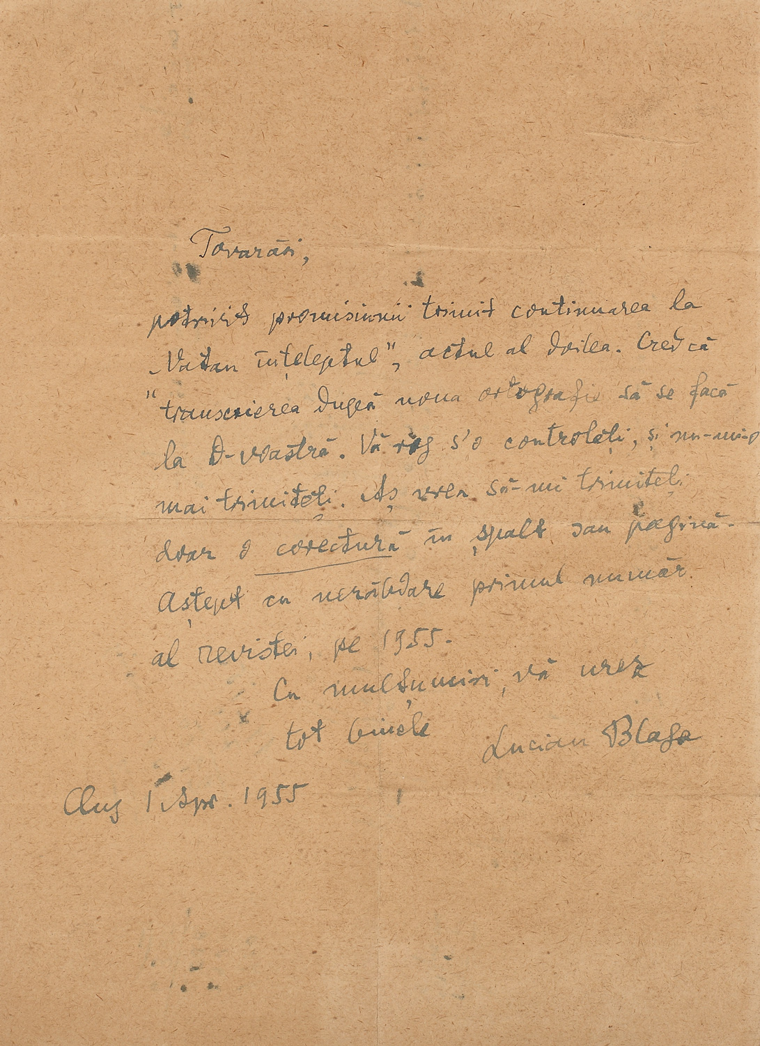 Scrisoare a scriitorului Lucian Blaga către o editură, purtând semnătura olografă
