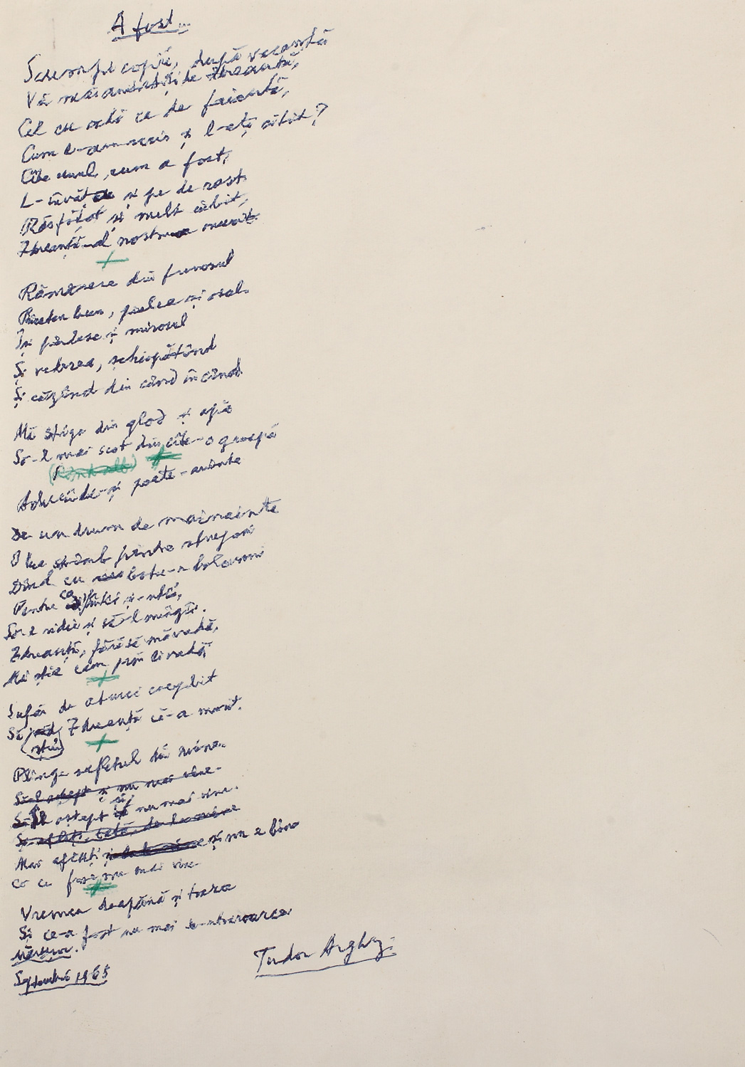 Poezie manuscris a lui Tudor Arghezi, purtând semnătura olografă