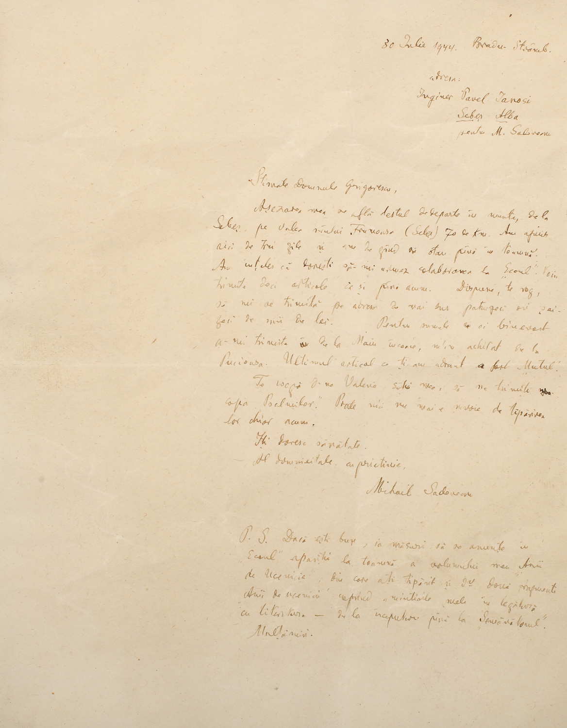 Scrisoare a scriitorului Mihail Sadoveanu, purtând semnătura olografă
