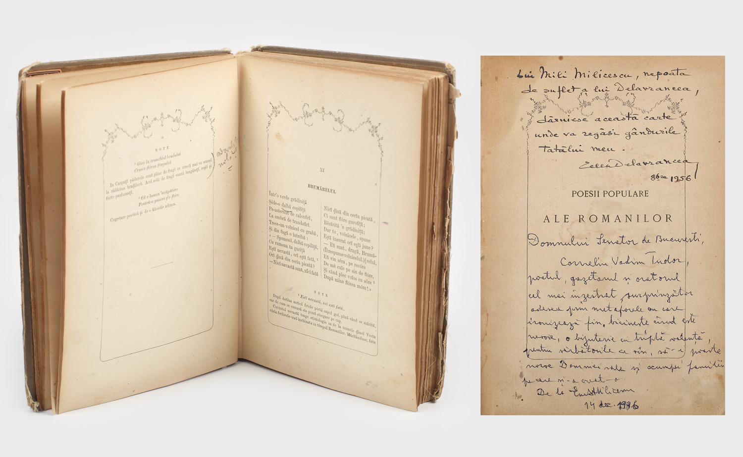 Poesii populare ale românilor adunate de Vasile Alecsandri, publicat în 1866, exemplar cu dedicația Cellei Delavrancea