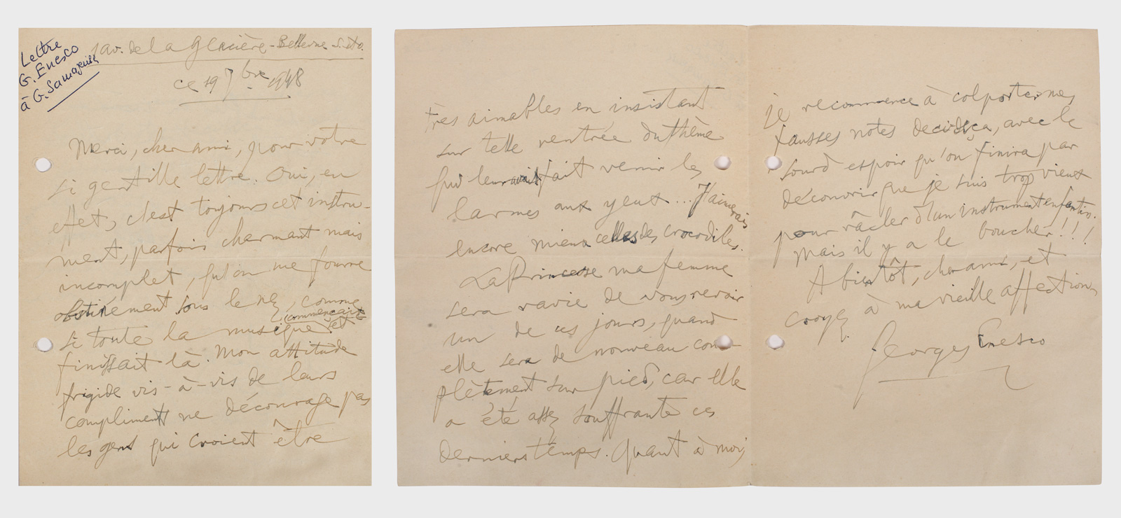 Scrisoare a compozitorului George Enescu, purtând semnătura olografă