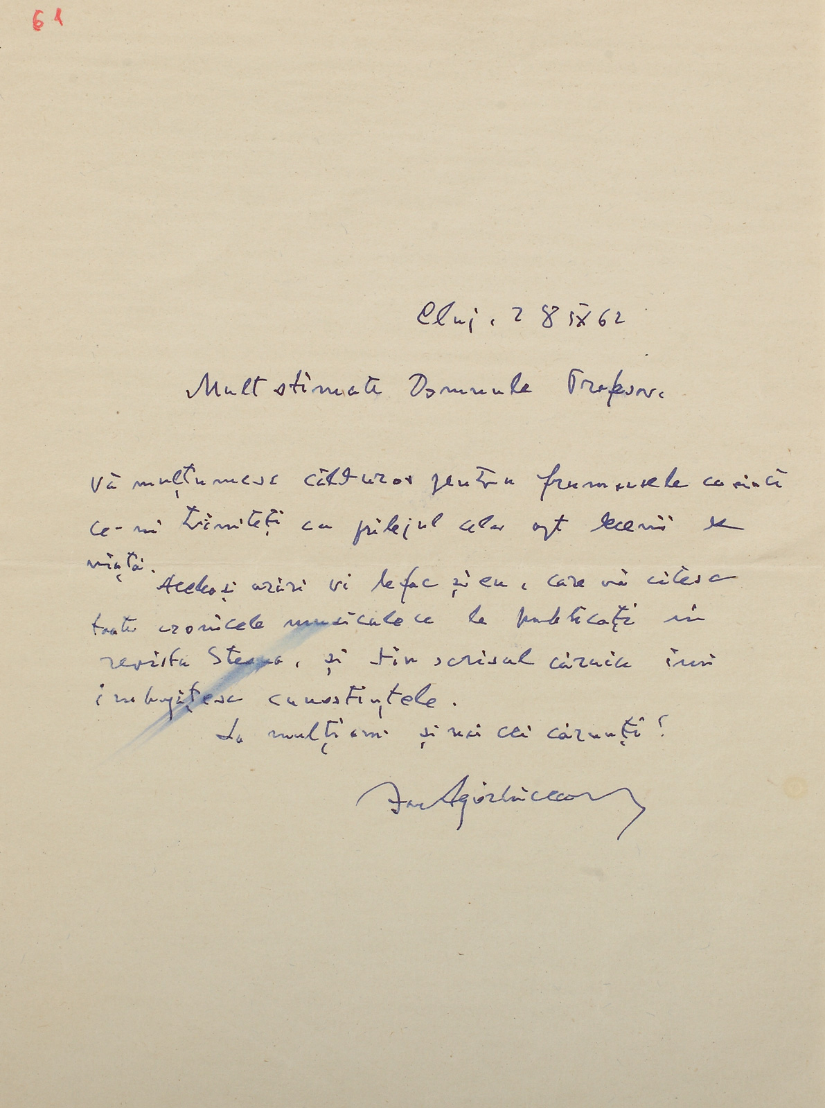 Scrisoare a prozatorului Ion Agârbiceanu, purtând semnătura olografă