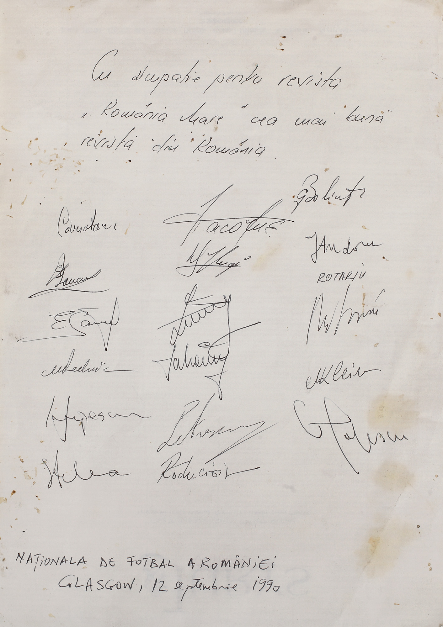 Autografele Naționalei de Fotbal a României, Glasgow, 12 Septembrie 1990
