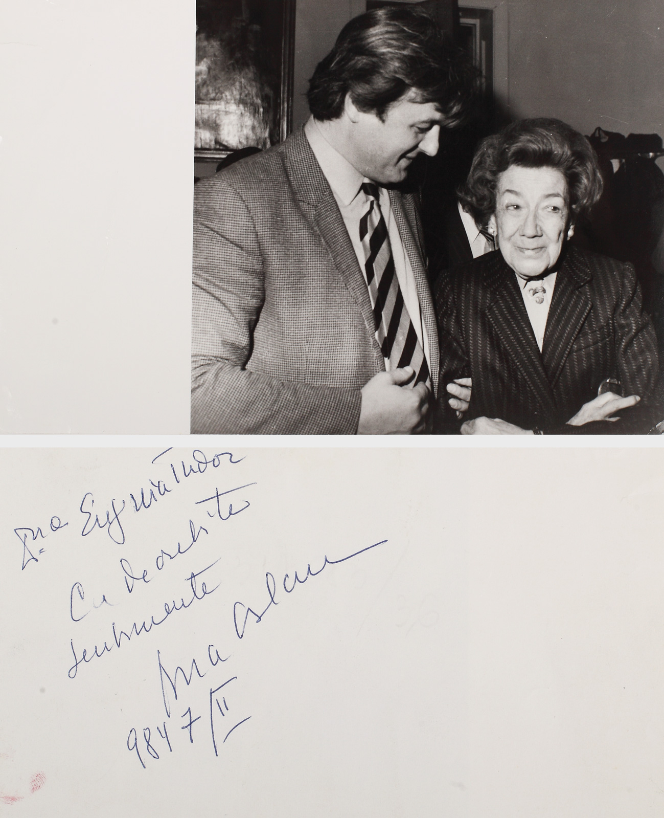 Fotografie cu dedicație a medicului Ana Aslan, către Eugenia Tudor, mama lui Corneliu Vadim Tudor